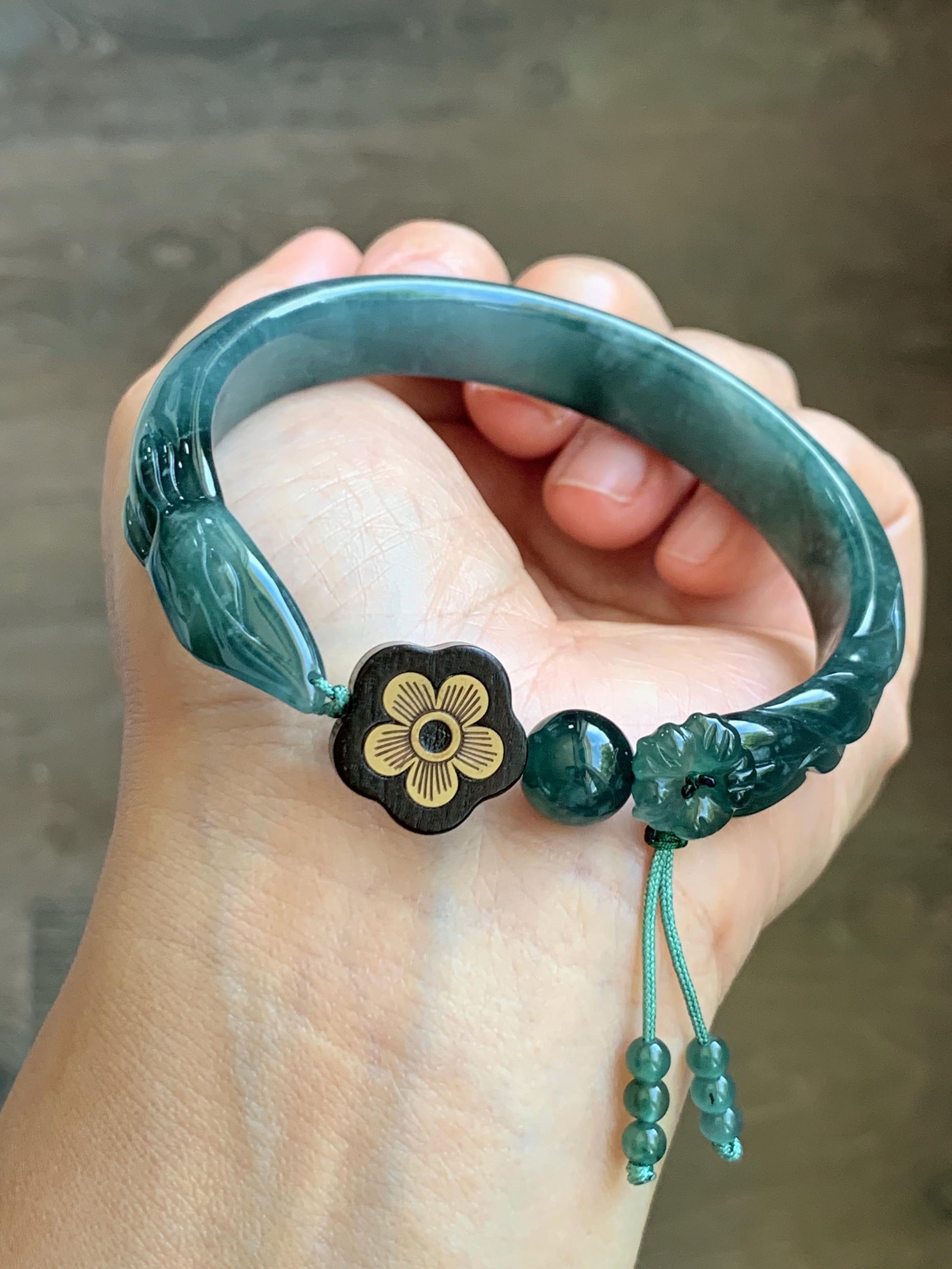 Certified Natural Grade A Guatemalan Icy Dusty Teal Blue Jade Jadeite Nine-tailed Fox Open Bangle 60.9mm 7.53” 39g 天然冰危篮绿翡翠九尾狐开口镯 1200