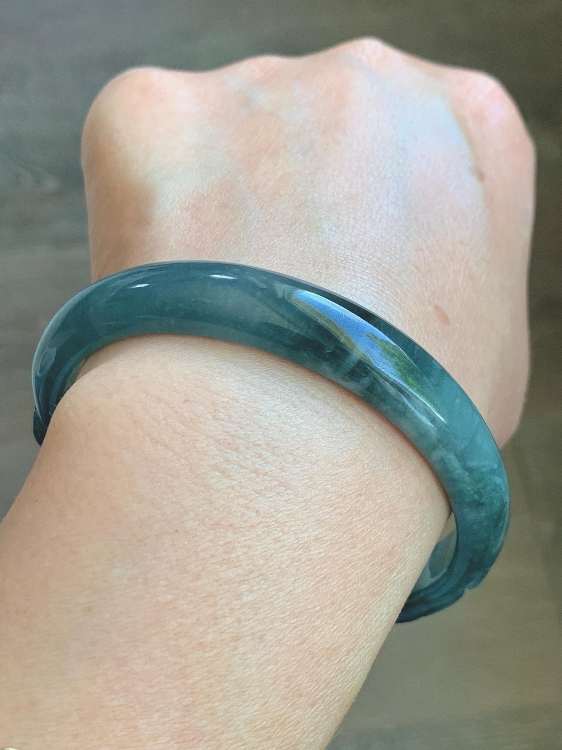 Certified Natural Grade A Guatemalan Icy Dusty Teal Blue Jade Jadeite Nine-tailed Fox Open Bangle 60.9mm 7.53” 39g 天然冰危篮绿翡翠九尾狐开口镯 1200