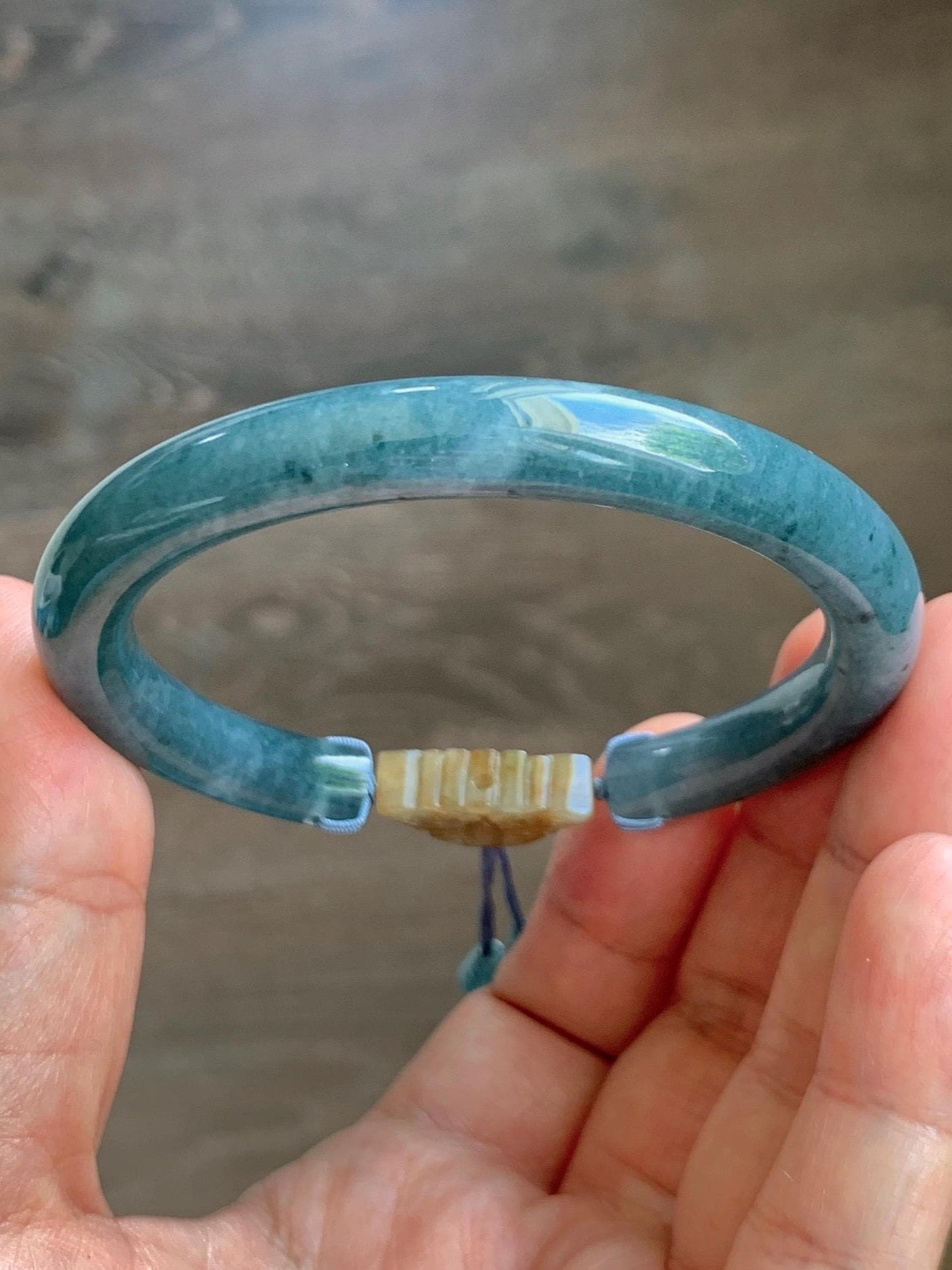 Certified Natural Grade A Guatemalan Icy Dusty Aegean Blue Jade Jadeite Open Bangle Icy Yellow Butterfly Charm 54.8mm 6.77” 天然冰危牛仔篮翡翠开口镯1202