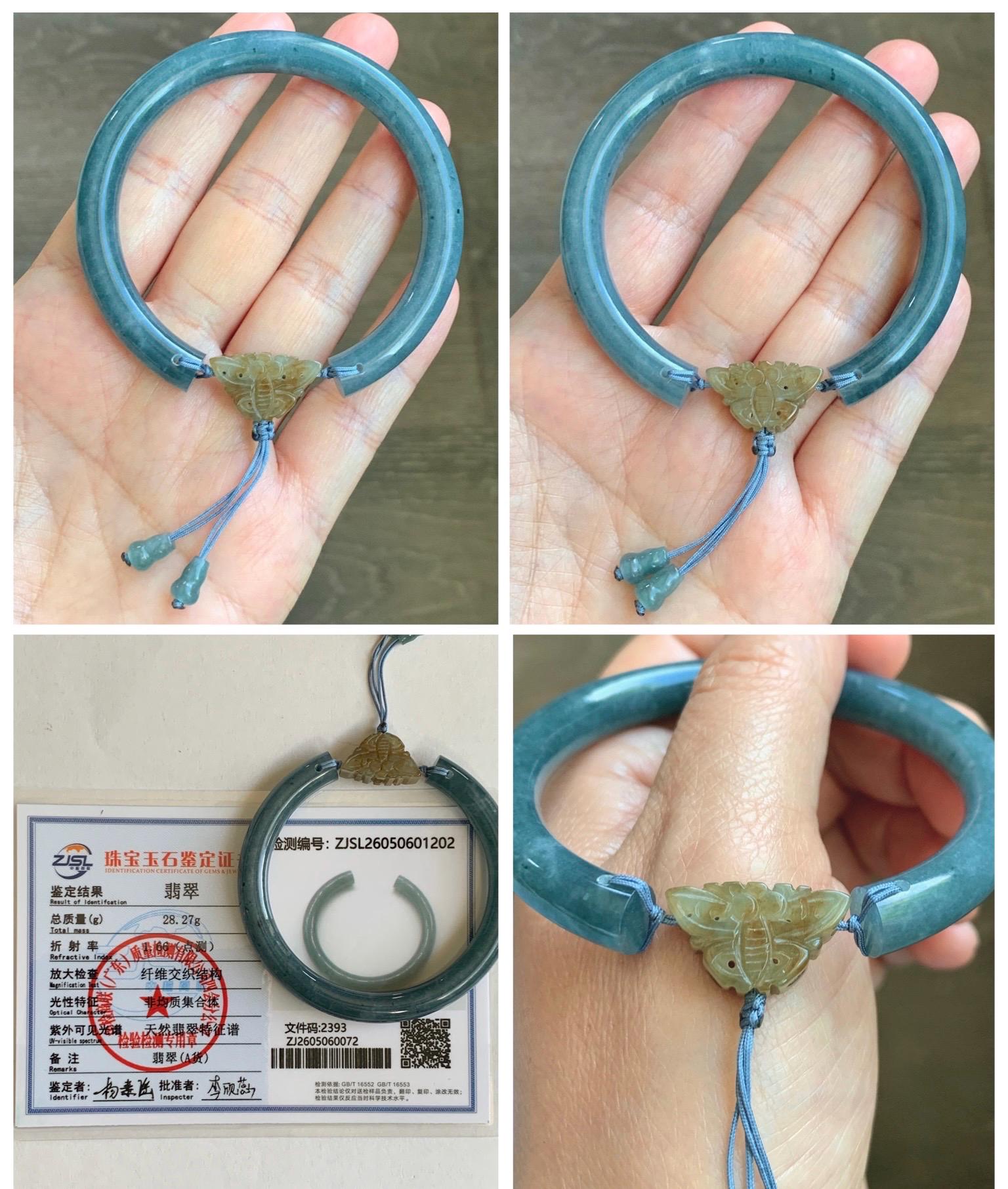 Certified Natural Grade A Guatemalan Icy Dusty Aegean Blue Jade Jadeite Open Bangle Icy Yellow Butterfly Charm 54.8mm 6.77” 天然冰危牛仔篮翡翠开口镯1202