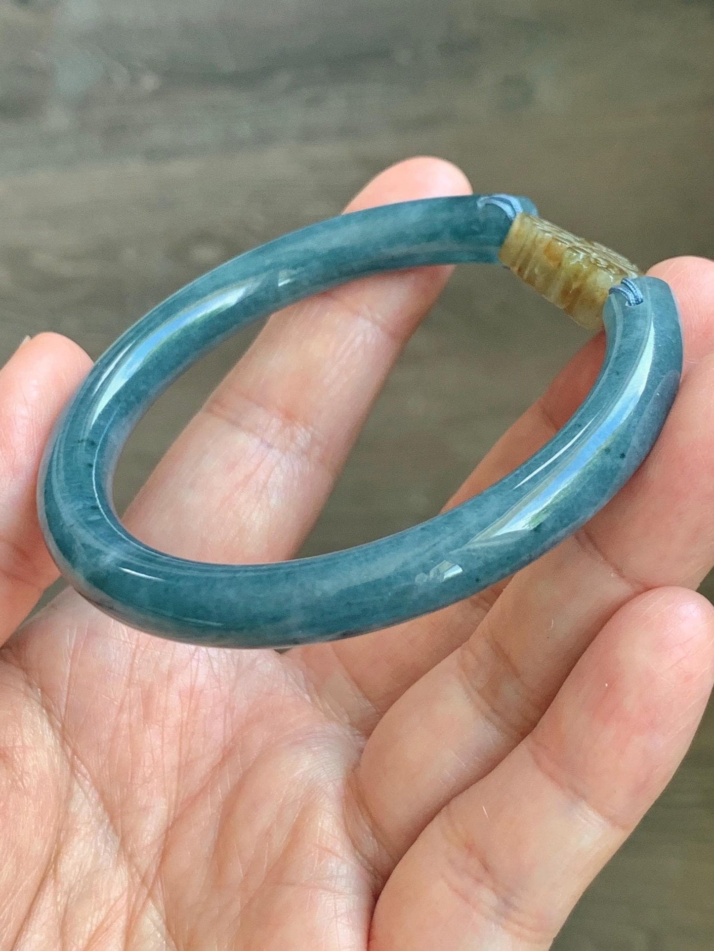 Certified Natural Grade A Guatemalan Icy Dusty Aegean Blue Jade Jadeite Open Bangle Icy Yellow Butterfly Charm 54.8mm 6.77” 天然冰危牛仔篮翡翠开口镯1202
