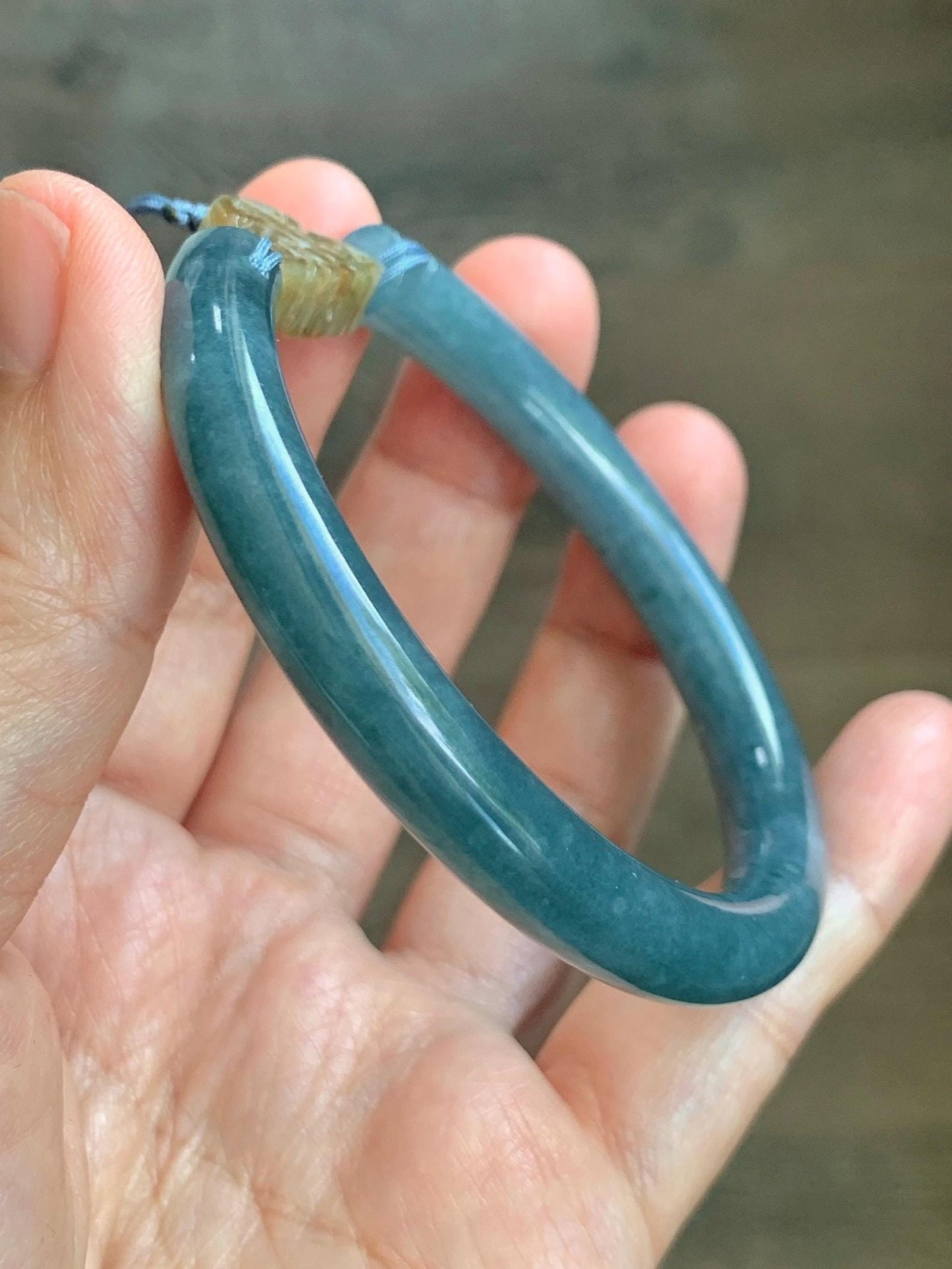 Certified Natural Grade A Guatemalan Icy Dusty Aegean Blue Jade Jadeite Open Bangle Icy Yellow Butterfly Charm 54.8mm 6.77” 天然冰危牛仔篮翡翠开口镯1202
