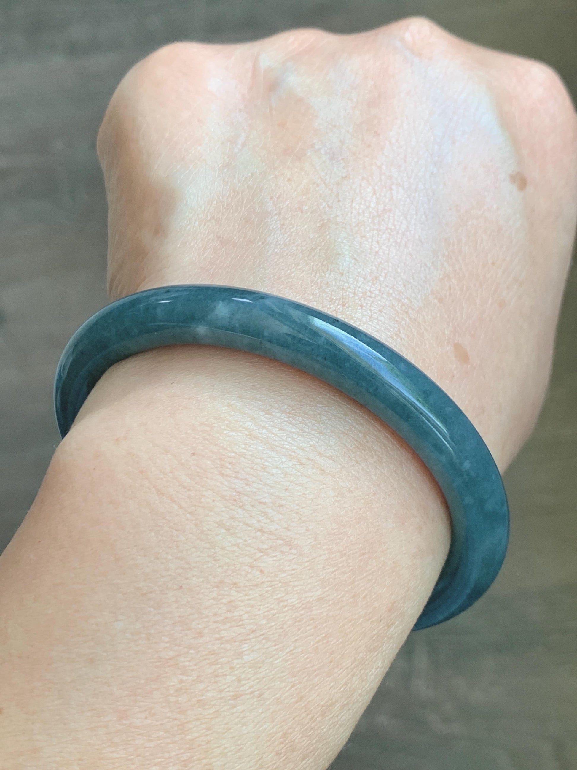 Certified Natural Grade A Guatemalan Icy Dusty Aegean Blue Jade Jadeite Open Bangle Icy Yellow Butterfly Charm 54.8mm 6.77” 天然冰危牛仔篮翡翠开口镯1202
