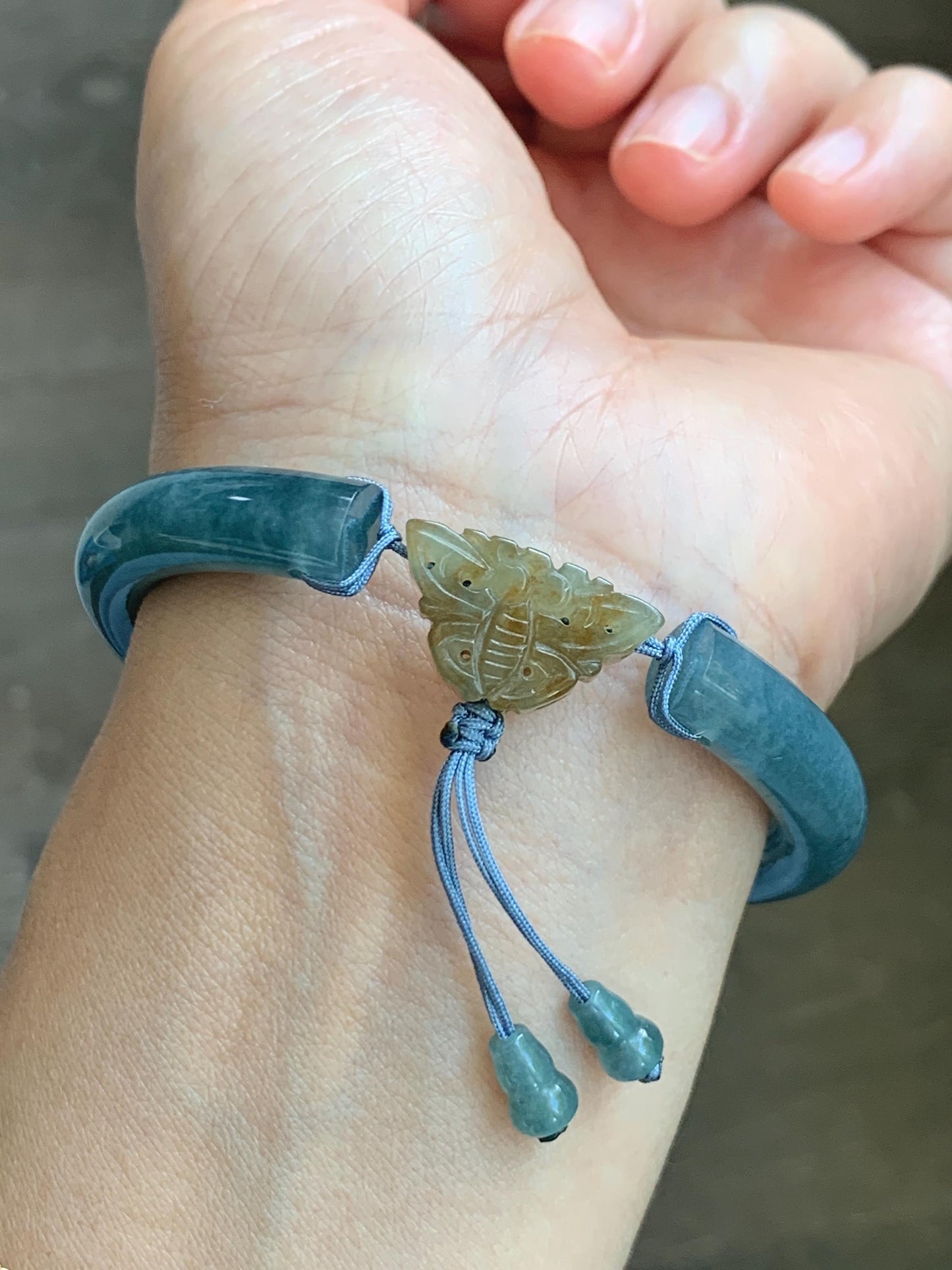 Certified Natural Grade A Guatemalan Icy Dusty Aegean Blue Jade Jadeite Open Bangle Icy Yellow Butterfly Charm 54.8mm 6.77” 天然冰危牛仔篮翡翠开口镯1202