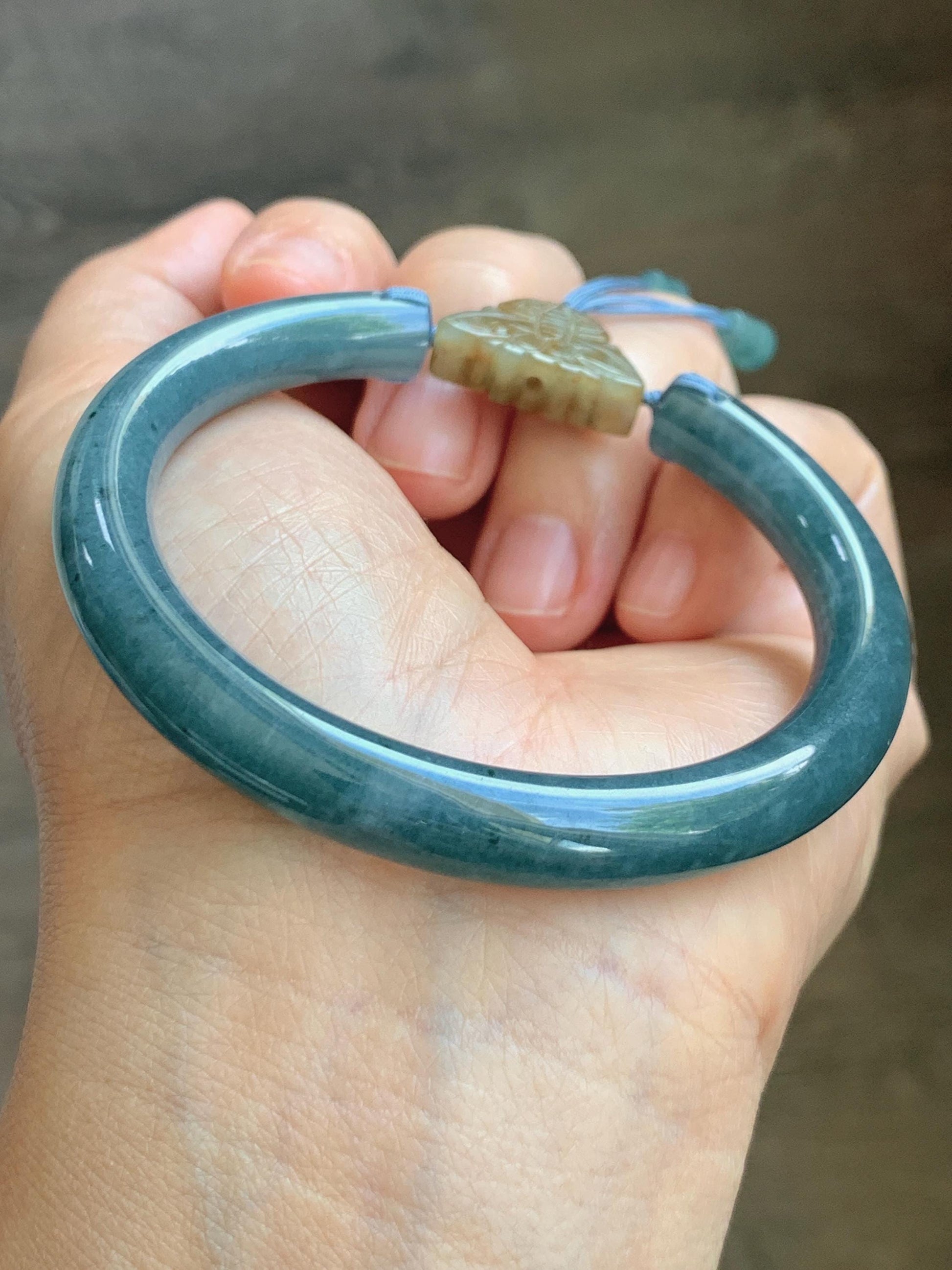 Certified Natural Grade A Guatemalan Icy Dusty Aegean Blue Jade Jadeite Open Bangle Icy Yellow Butterfly Charm 54.8mm 6.77” 天然冰危牛仔篮翡翠开口镯1202