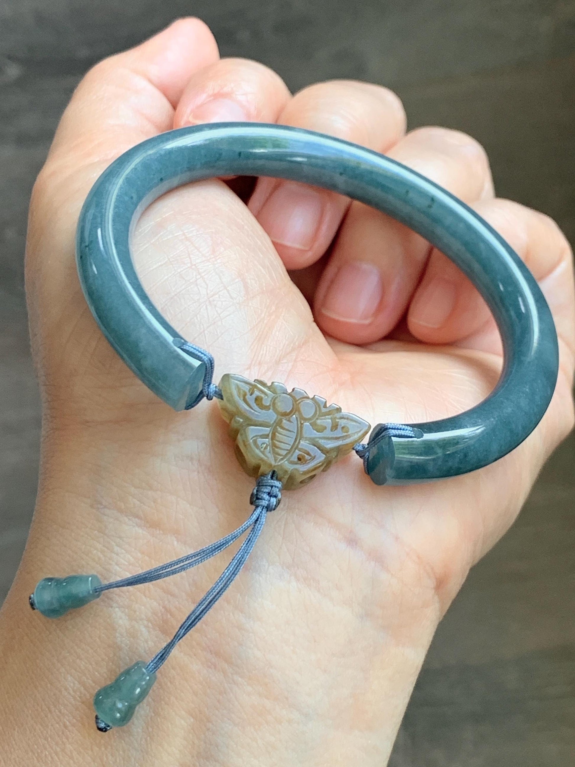 Certified Natural Grade A Guatemalan Icy Dusty Aegean Blue Jade Jadeite Open Bangle Icy Yellow Butterfly Charm 54.8mm 6.77” 天然冰危牛仔篮翡翠开口镯1202