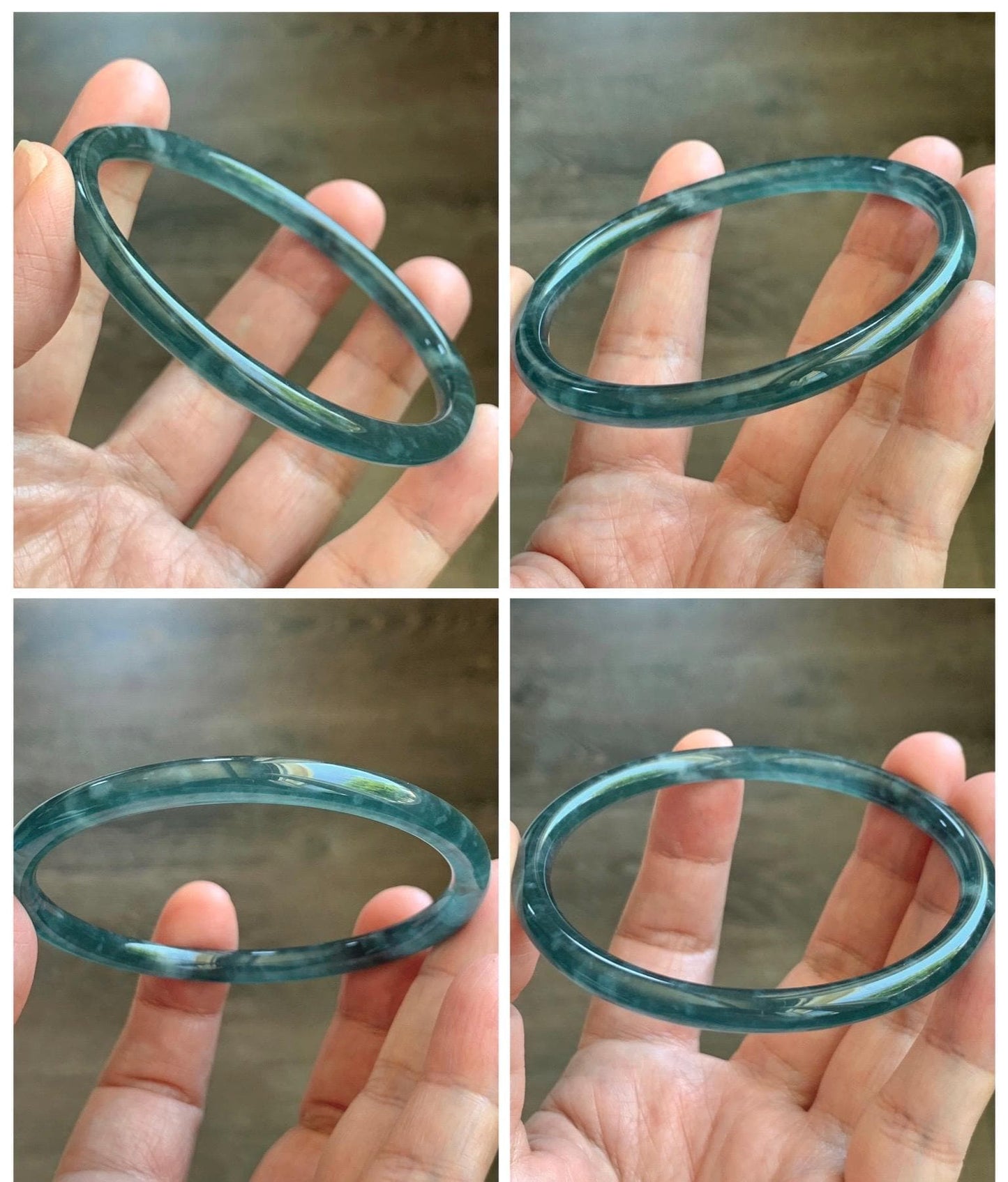 Certified Natural Grade A Guatemalan Icy Translucent Dark Teal Green Jade Jadeite Slim Bangle 60.14mm 7.43” 17.5g 天然冰胶危深蓝绿翡翠细圆条手镯 1191