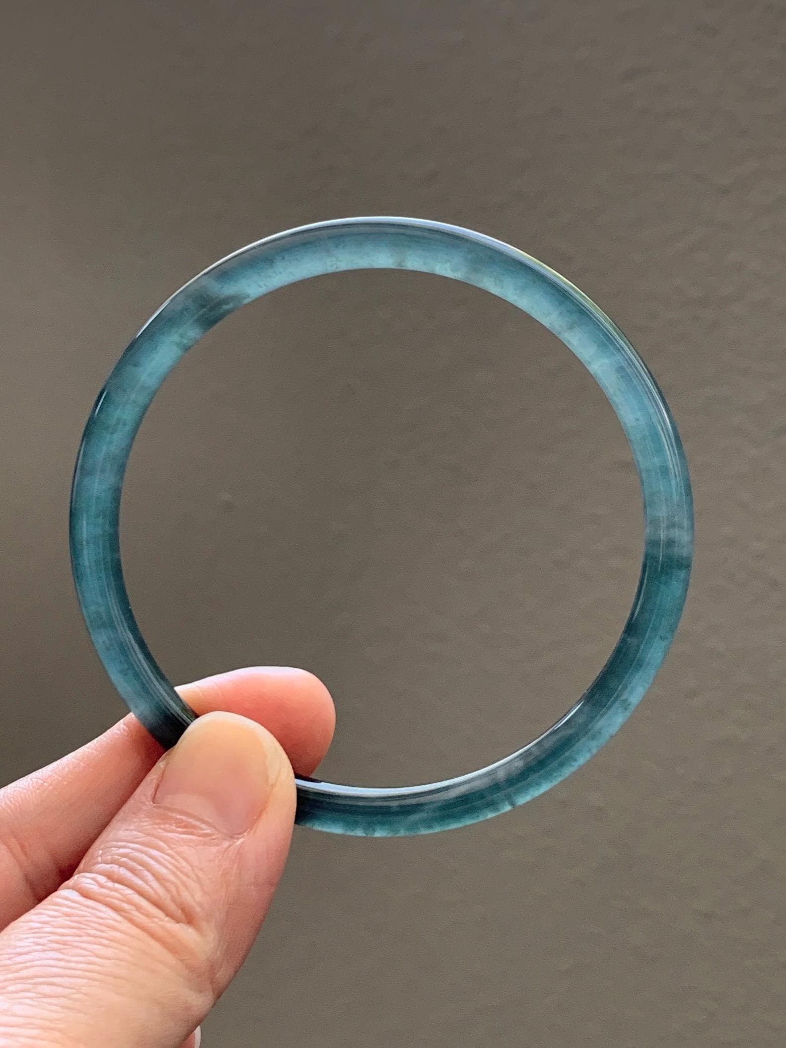 Certified Natural Grade A Guatemalan Icy Translucent Dark Teal Green Jade Jadeite Slim Bangle 60.14mm 7.43” 17.5g 天然冰胶危深蓝绿翡翠细圆条手镯 1191