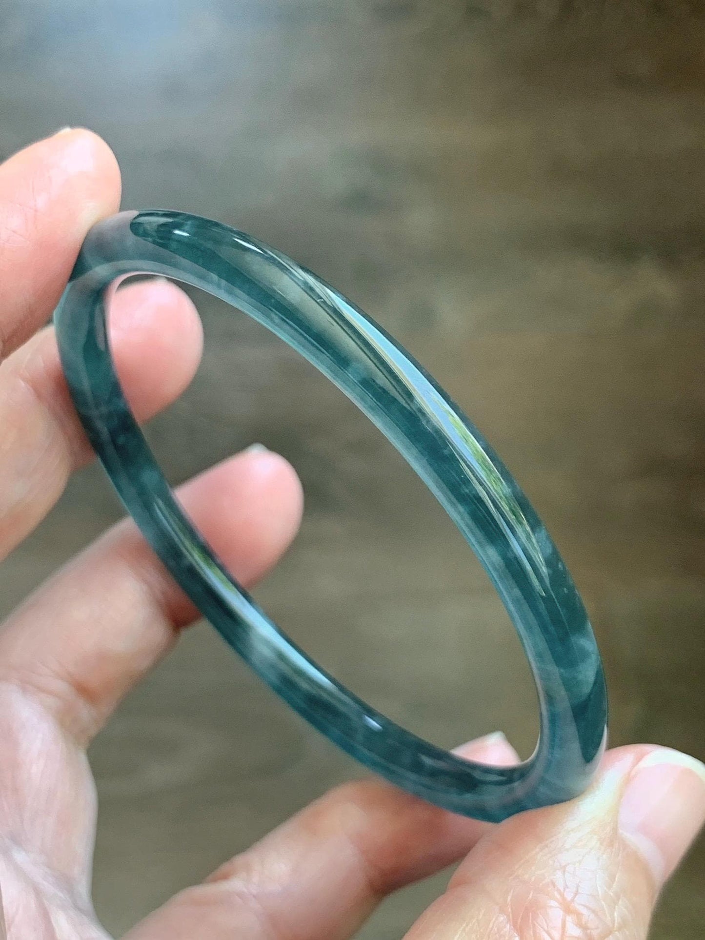 Certified Natural Grade A Guatemalan Icy Translucent Dark Teal Green Jade Jadeite Slim Bangle 60.14mm 7.43” 17.5g 天然冰胶危深蓝绿翡翠细圆条手镯 1191
