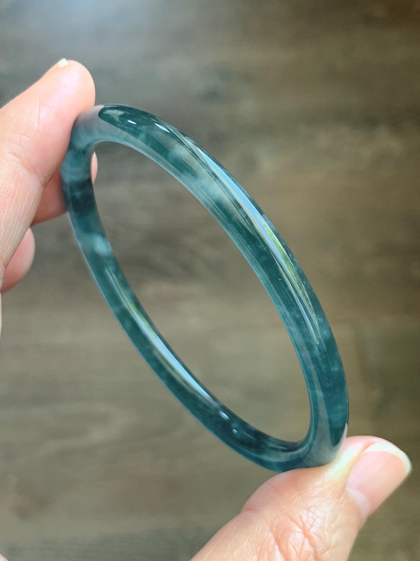 Certified Natural Grade A Guatemalan Icy Translucent Dark Teal Green Jade Jadeite Slim Bangle 60.14mm 7.43” 17.5g 天然冰胶危深蓝绿翡翠细圆条手镯 1191