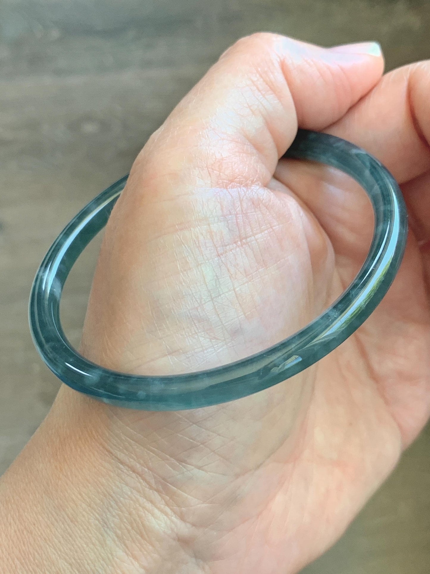 Certified Natural Grade A Guatemalan Icy Translucent Dark Teal Green Jade Jadeite Slim Bangle 60.14mm 7.43” 17.5g 天然冰胶危深蓝绿翡翠细圆条手镯 1191
