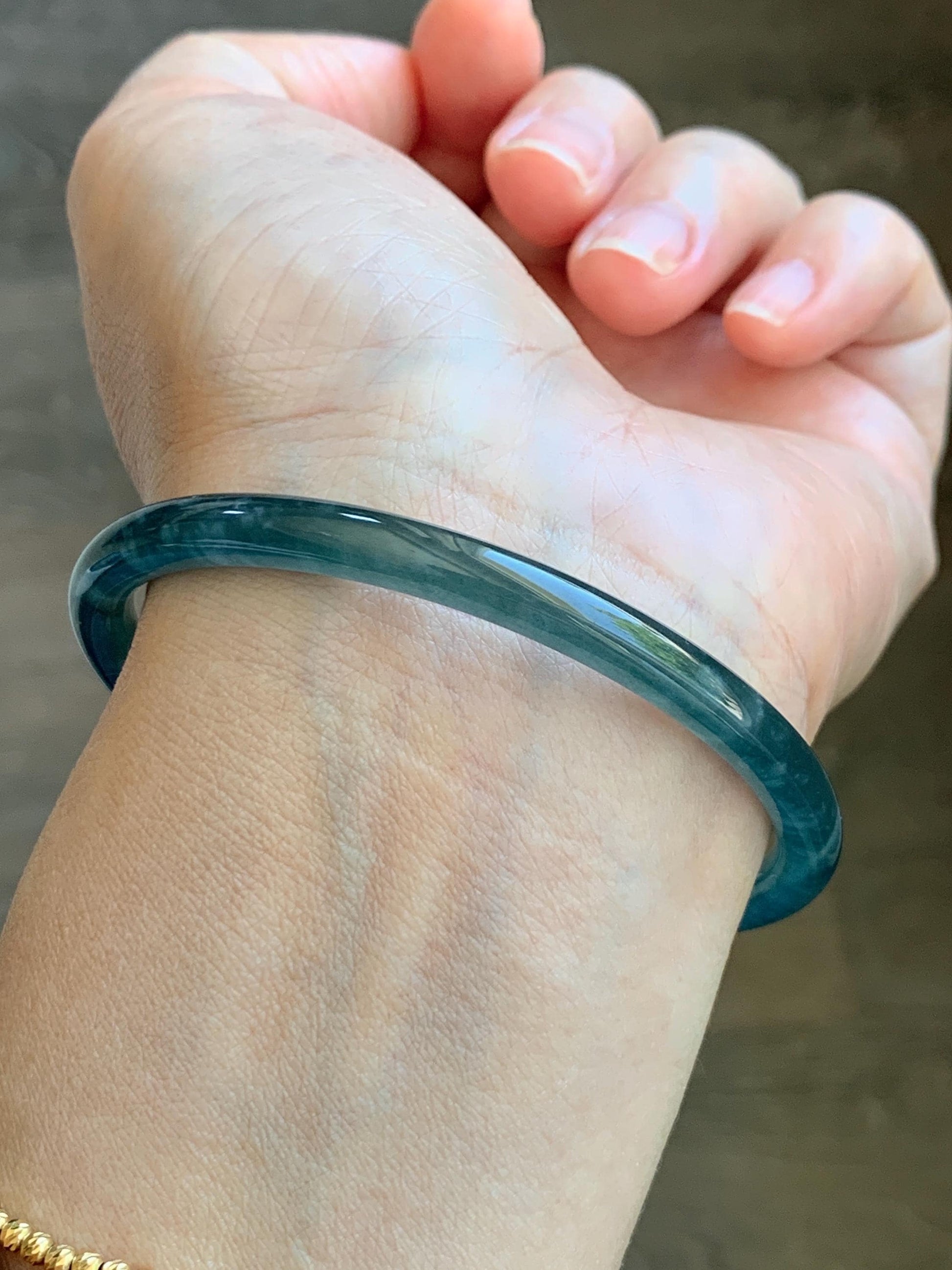 Certified Natural Grade A Guatemalan Icy Translucent Dark Teal Green Jade Jadeite Slim Bangle 60.14mm 7.43” 17.5g 天然冰胶危深蓝绿翡翠细圆条手镯 1191