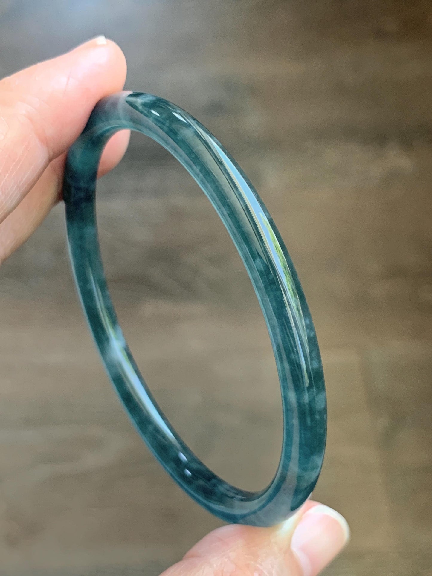Certified Natural Grade A Guatemalan Icy Translucent Dark Teal Green Jade Jadeite Slim Bangle 60.14mm 7.43” 17.5g 天然冰胶危深蓝绿翡翠细圆条手镯 1191