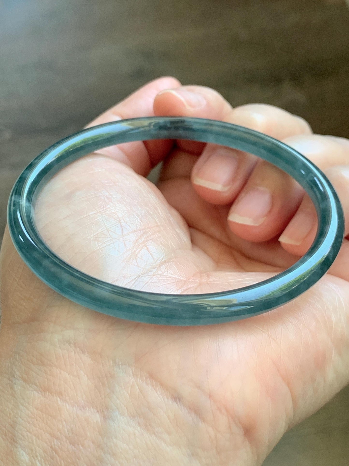 Certified Natural Grade A Guatemalan Icy Translucent Dark Teal Green Jade Jadeite Slim Bangle 60.14mm 7.43” 17.5g 天然冰胶危深蓝绿翡翠细圆条手镯 1191