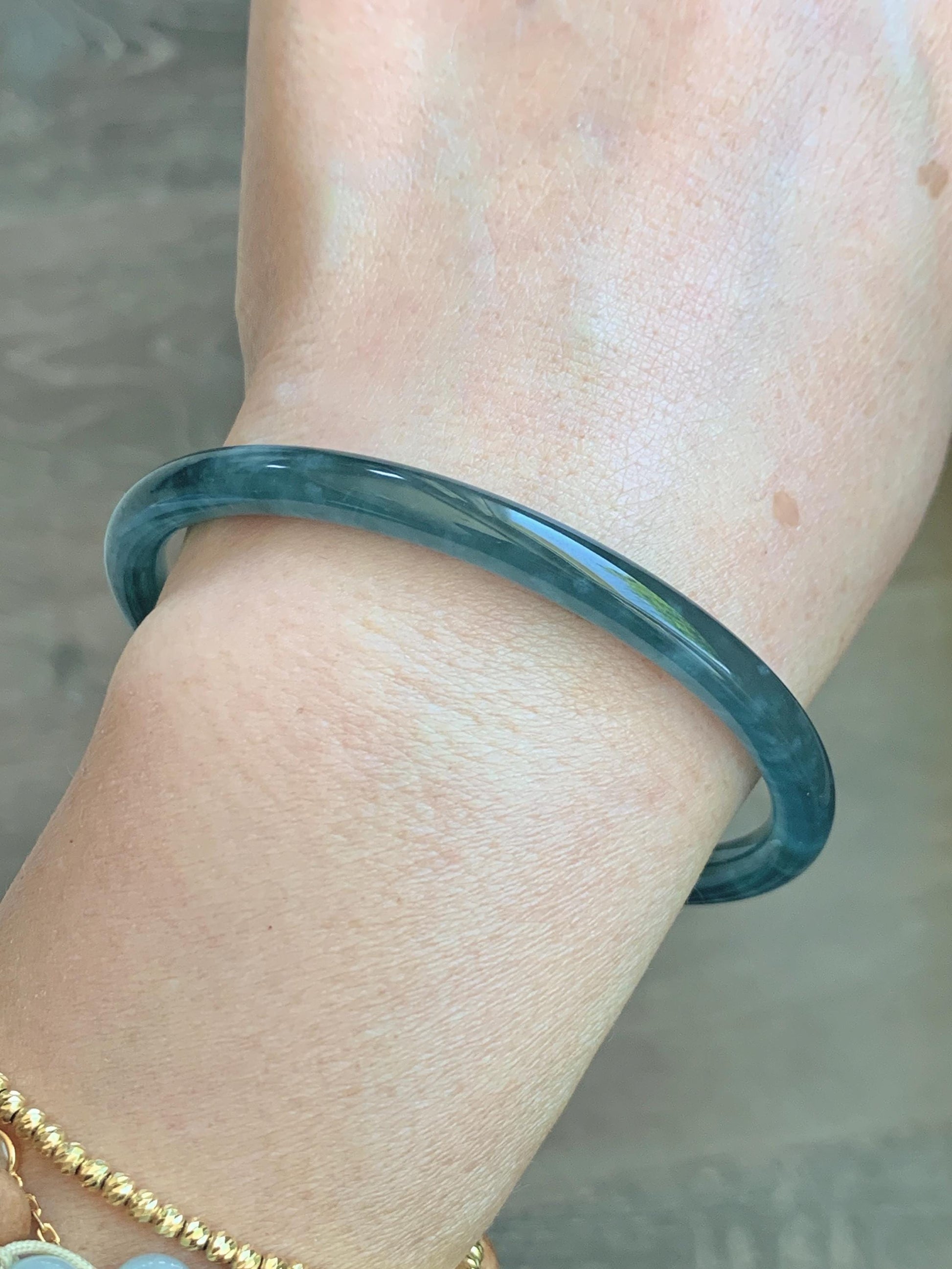 Certified Natural Grade A Guatemalan Icy Translucent Dark Teal Green Jade Jadeite Slim Bangle 60.14mm 7.43” 17.5g 天然冰胶危深蓝绿翡翠细圆条手镯 1191