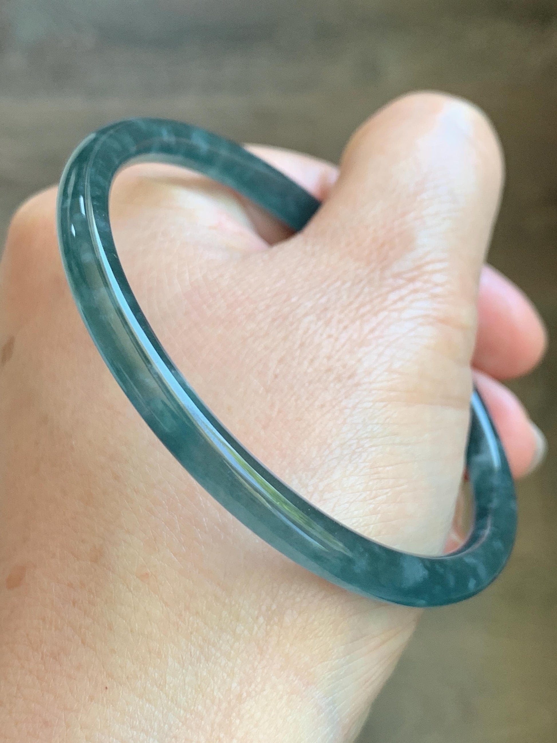 Certified Natural Grade A Guatemalan Icy Translucent Dark Teal Green Jade Jadeite Slim Bangle 60.14mm 7.43” 17.5g 天然冰胶危深蓝绿翡翠细圆条手镯 1191