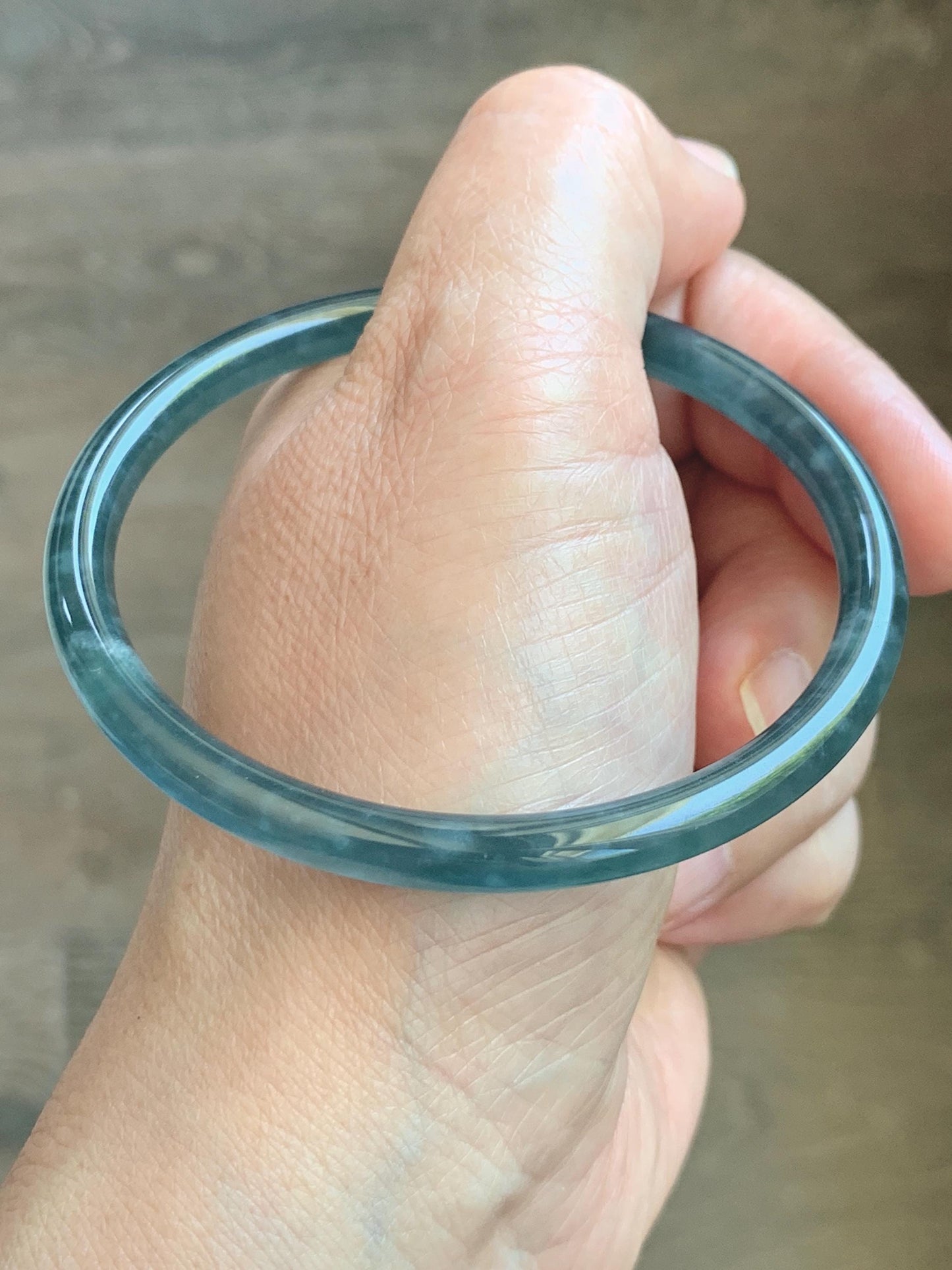 Certified Natural Grade A Guatemalan Icy Translucent Dark Teal Green Jade Jadeite Slim Bangle 60.14mm 7.43” 17.5g 天然冰胶危深蓝绿翡翠细圆条手镯 1191