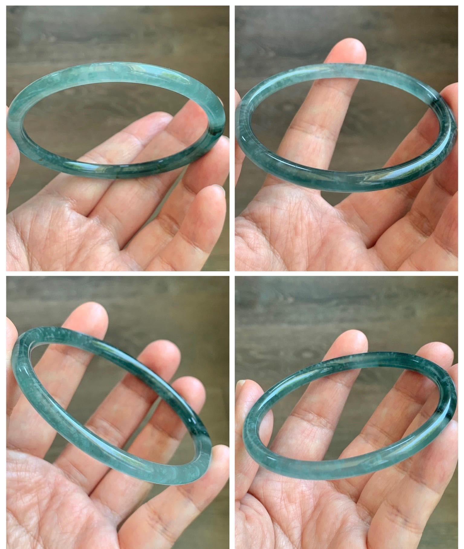 Certified Natural Grade A Guatemalan Icy Translucent Dark Teal Green Jade Jadeite Slim Bangle 61.25mm 7.57” 17.9g 天然冰胶危深蓝绿翡翠细圆条手镯 1188 AS IS