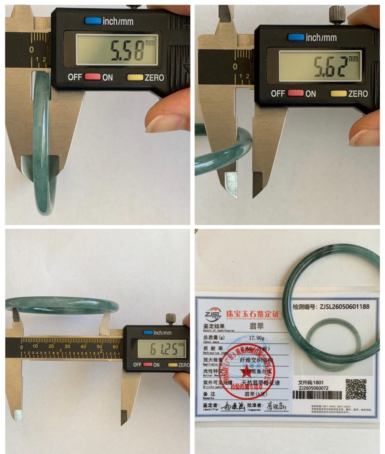 Certified Natural Grade A Guatemalan Icy Translucent Dark Teal Green Jade Jadeite Slim Bangle 61.25mm 7.57” 17.9g 天然冰胶危深蓝绿翡翠细圆条手镯 1188 AS IS