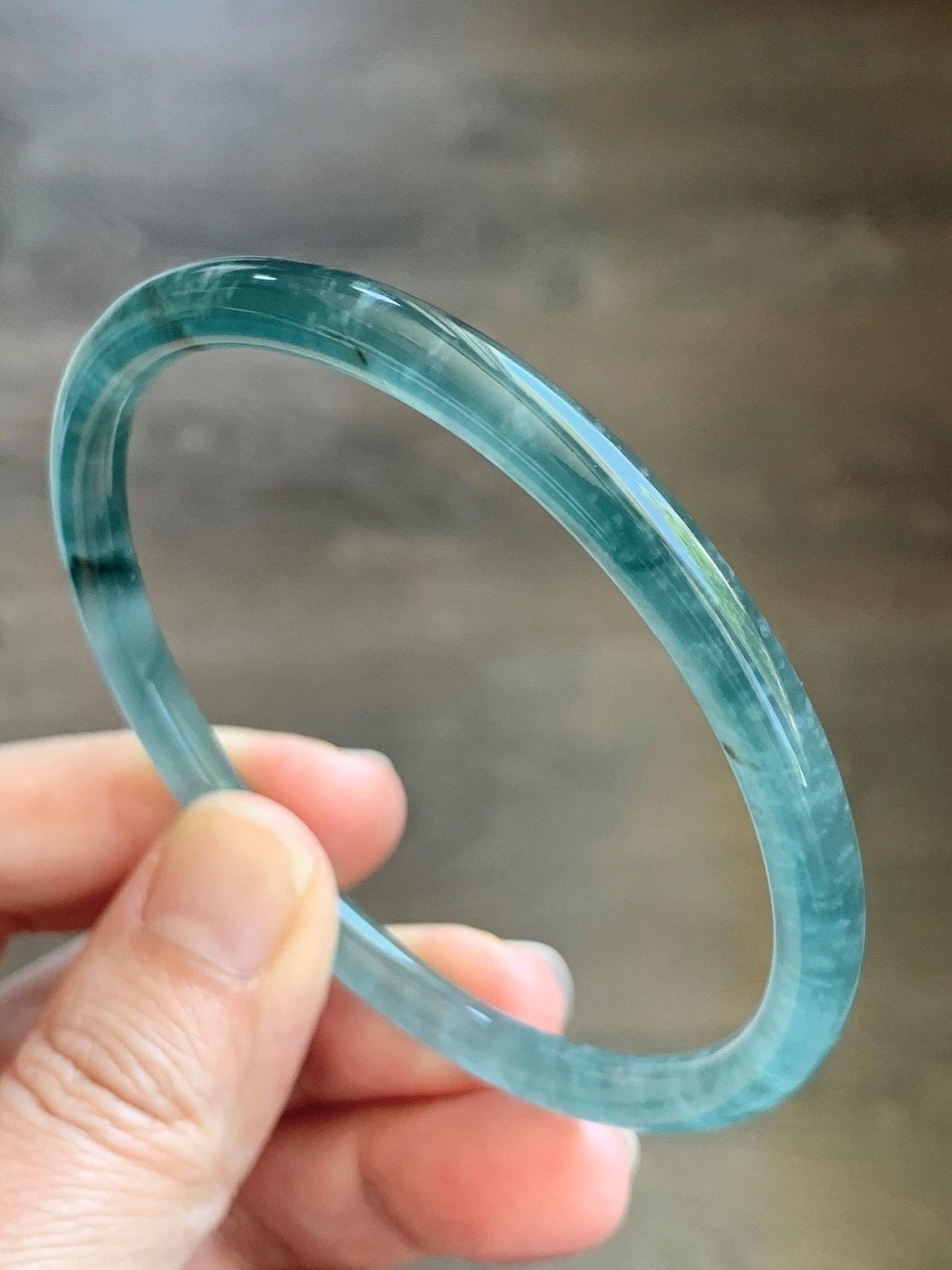 Certified Natural Grade A Guatemalan Icy Translucent Dark Teal Green Jade Jadeite Slim Bangle 61.25mm 7.57” 17.9g 天然冰胶危深蓝绿翡翠细圆条手镯 1188 AS IS