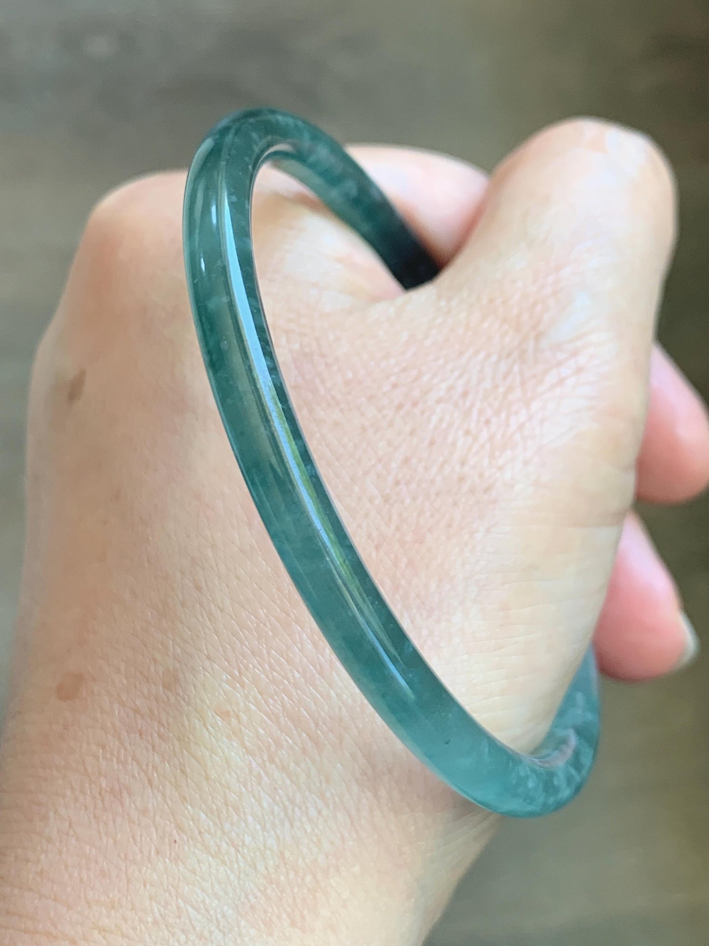 Certified Natural Grade A Guatemalan Icy Translucent Dark Teal Green Jade Jadeite Slim Bangle 61.25mm 7.57” 17.9g 天然冰胶危深蓝绿翡翠细圆条手镯 1188 AS IS
