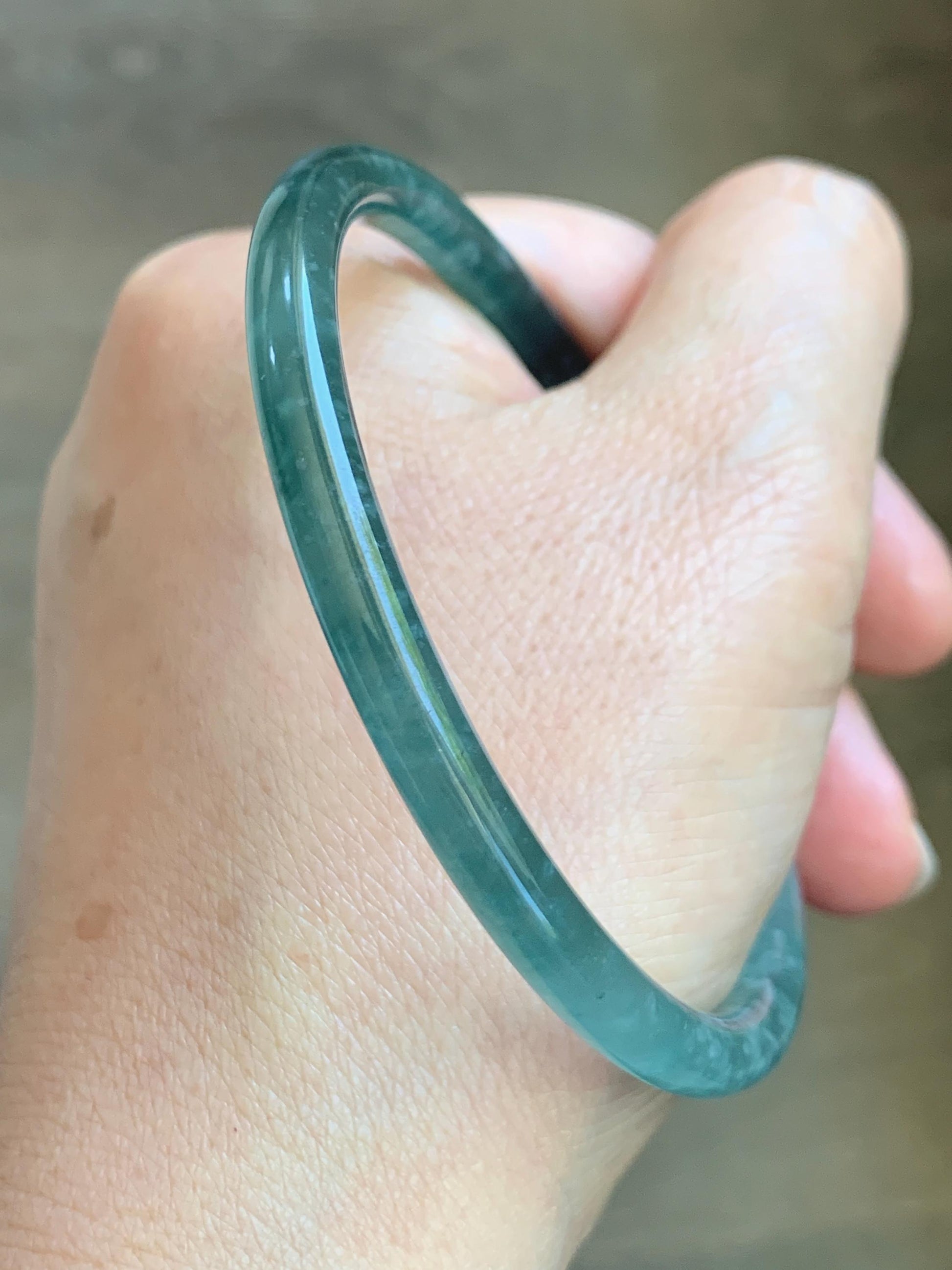 Certified Natural Grade A Guatemalan Icy Translucent Dark Teal Green Jade Jadeite Slim Bangle 61.25mm 7.57” 17.9g 天然冰胶危深蓝绿翡翠细圆条手镯 1188 AS IS