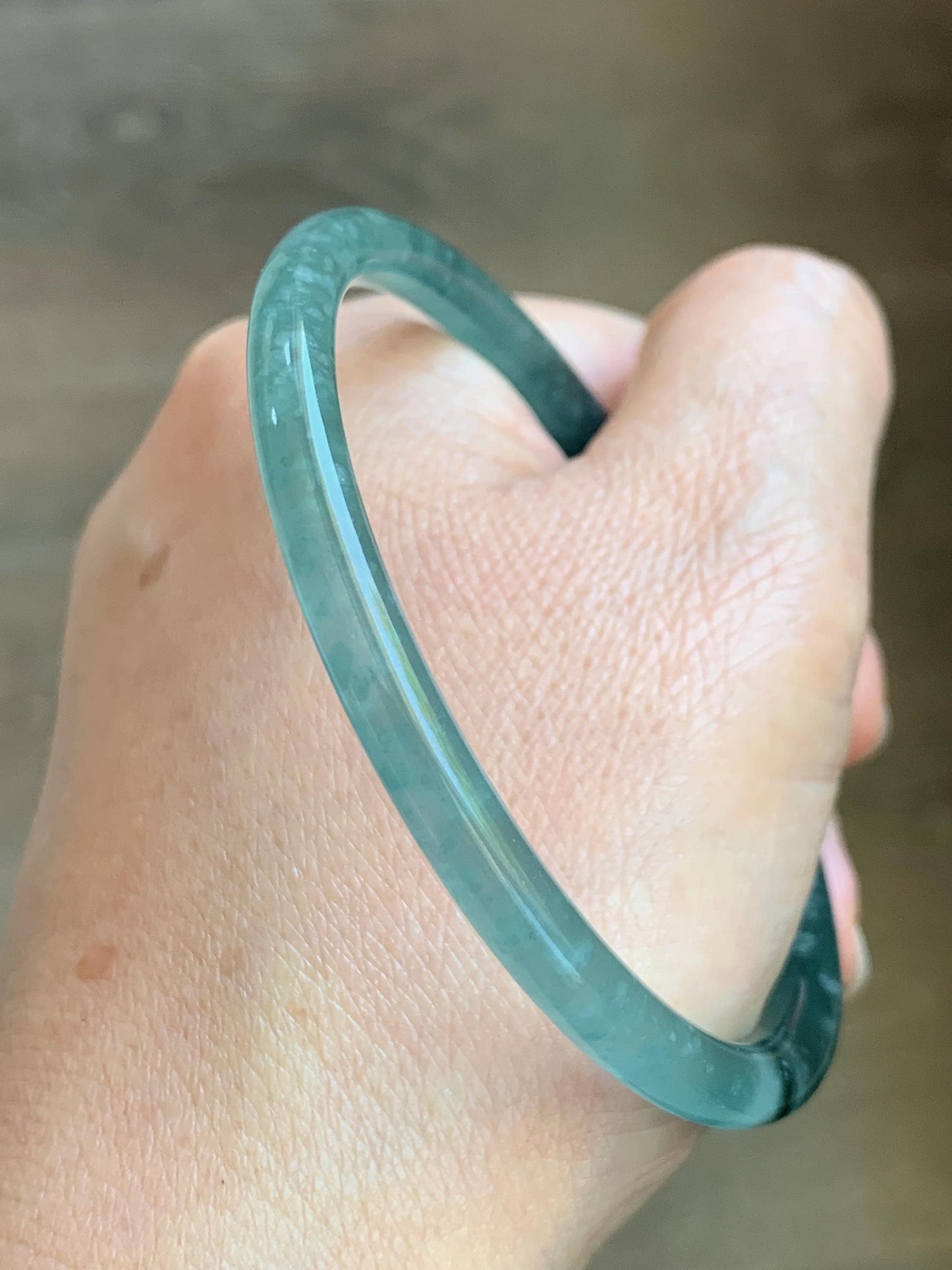Certified Natural Grade A Guatemalan Icy Translucent Dark Teal Green Jade Jadeite Slim Bangle 61.25mm 7.57” 17.9g 天然冰胶危深蓝绿翡翠细圆条手镯 1188 AS IS