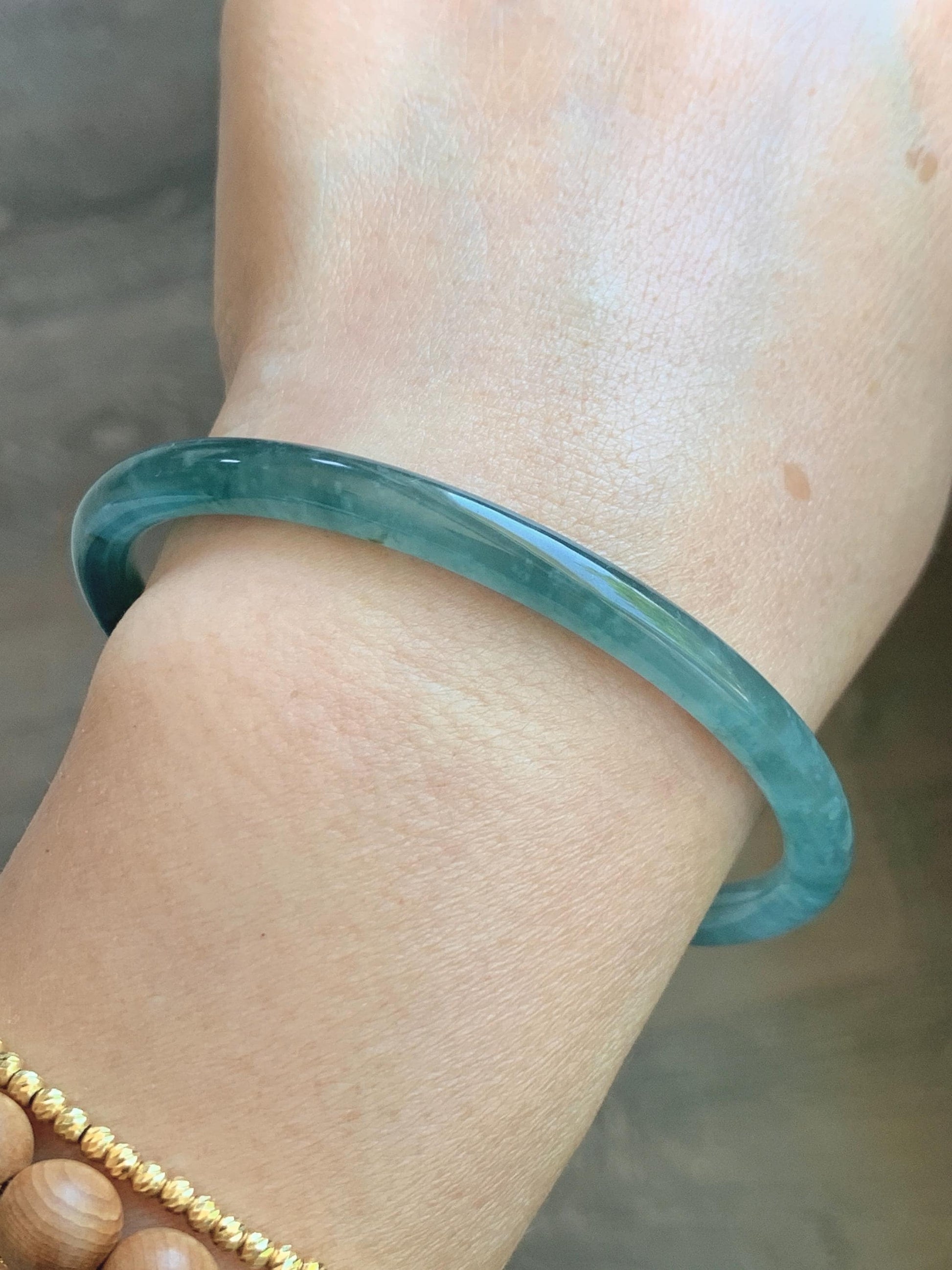 Certified Natural Grade A Guatemalan Icy Translucent Dark Teal Green Jade Jadeite Slim Bangle 61.25mm 7.57” 17.9g 天然冰胶危深蓝绿翡翠细圆条手镯 1188 AS IS