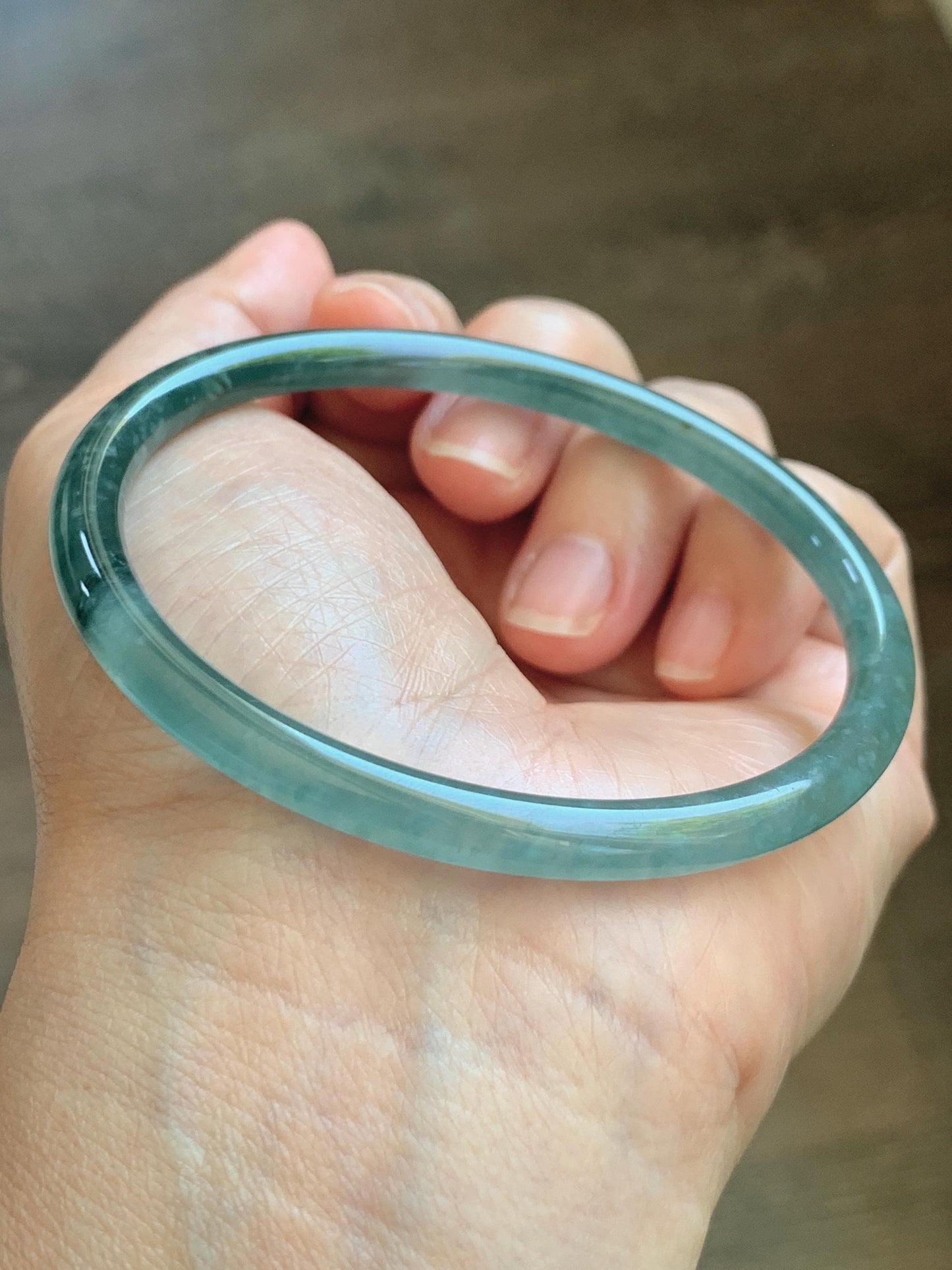 Certified Natural Grade A Guatemalan Icy Translucent Dark Teal Green Jade Jadeite Slim Bangle 61.25mm 7.57” 17.9g 天然冰胶危深蓝绿翡翠细圆条手镯 1188 AS IS