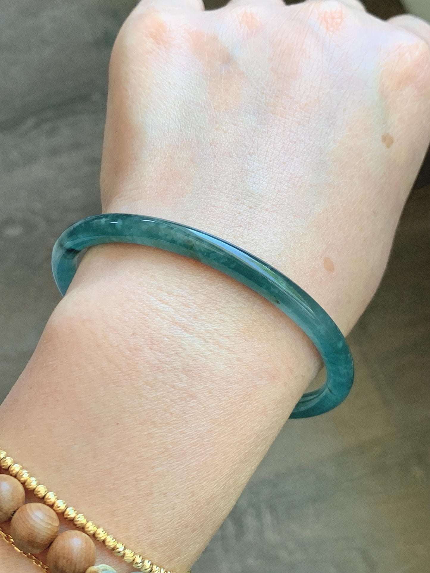 Certified Natural Grade A Guatemalan Icy Translucent Dark Teal Green Jade Jadeite Slim Bangle 61.25mm 7.57” 17.9g 天然冰胶危深蓝绿翡翠细圆条手镯 1188 AS IS