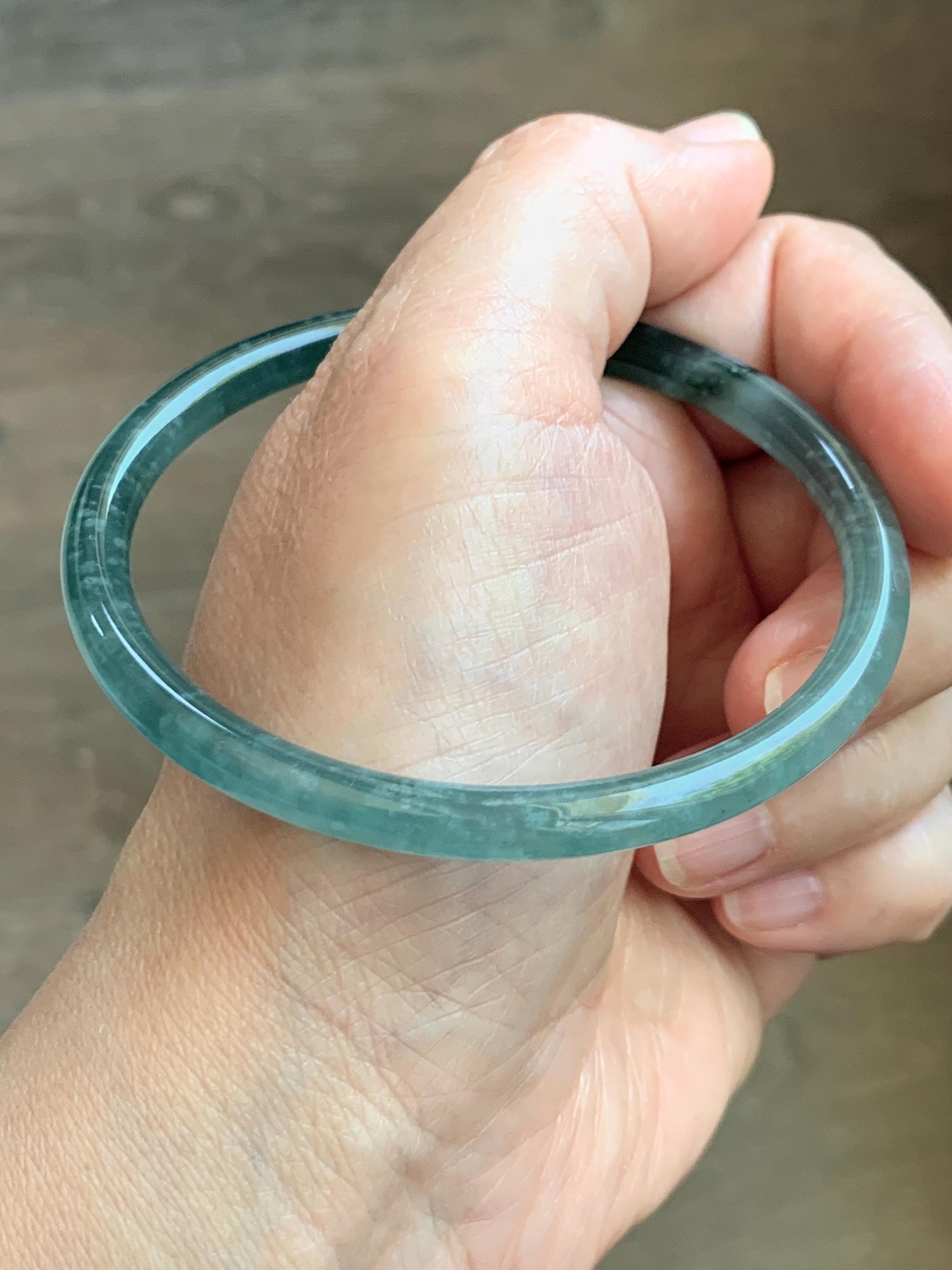 Certified Natural Grade A Guatemalan Icy Translucent Dark Teal Green Jade Jadeite Slim Bangle 61.25mm 7.57” 17.9g 天然冰胶危深蓝绿翡翠细圆条手镯 1188 AS IS