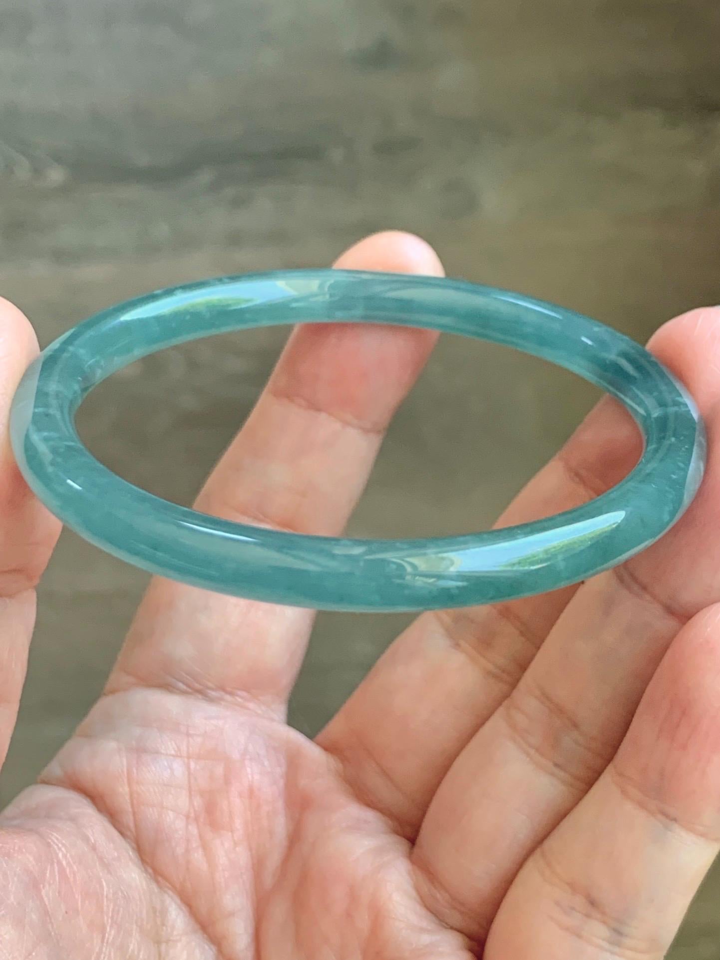 Certified Natural Grade A Guatemalan Icy Translucent Dusty Teal Blue Jade Jadeite Slim Bangle 55.94mm 6.92” 19.4g 天然冰胶危蓝绿翡翠细圆条手镯 1177