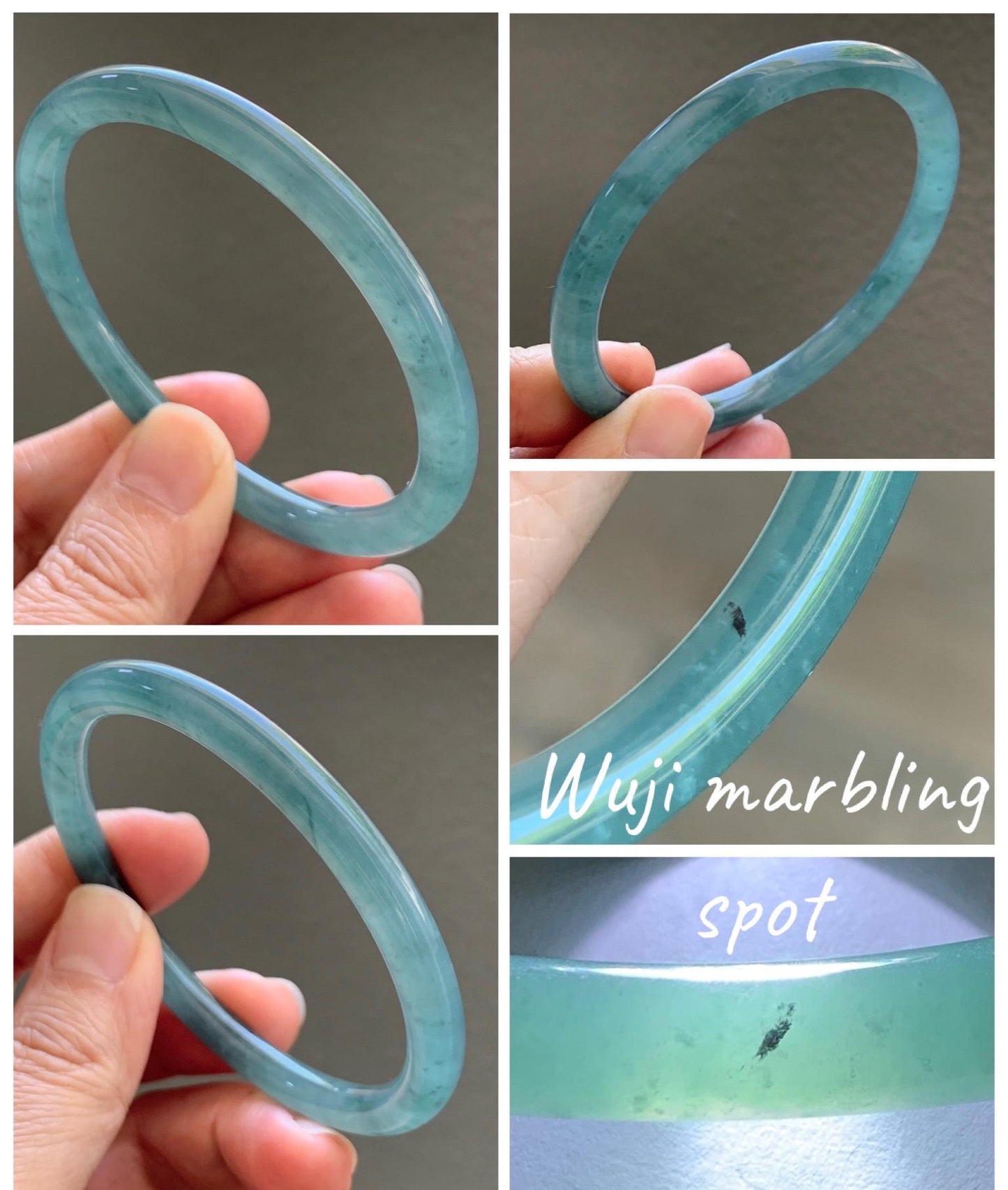 Certified Natural Grade A Guatemalan Icy Translucent Dusty Teal Blue Jade Jadeite Slim Bangle 55.94mm 6.92” 19.4g 天然冰胶危蓝绿翡翠细圆条手镯 1177