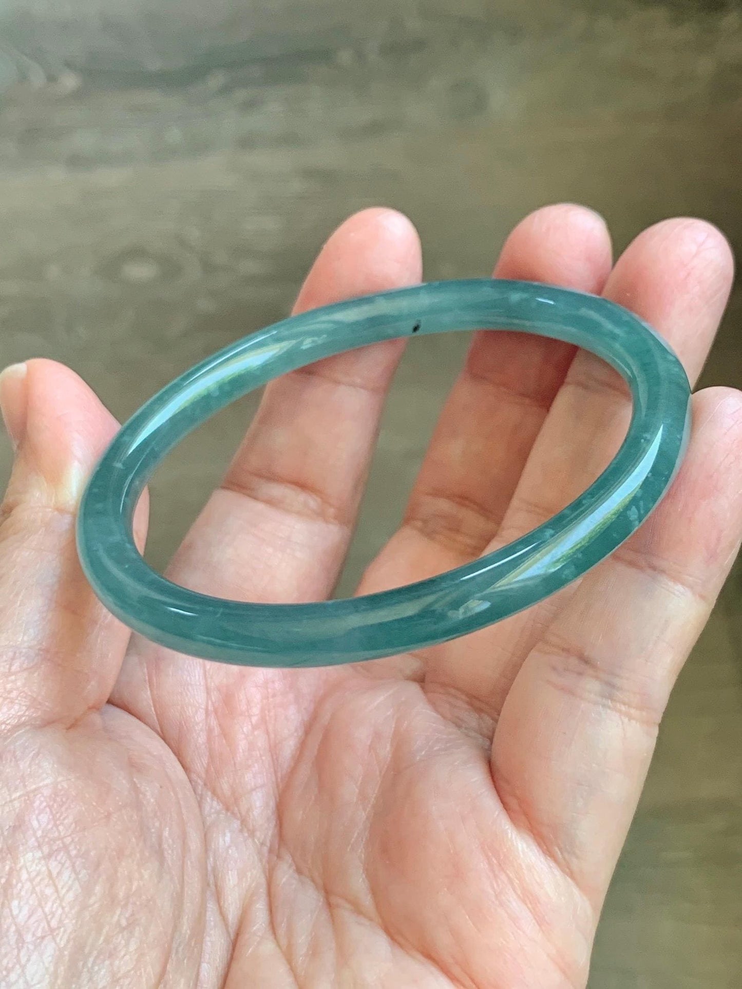 Certified Natural Grade A Guatemalan Icy Translucent Dusty Teal Blue Jade Jadeite Slim Bangle 55.94mm 6.92” 19.4g 天然冰胶危蓝绿翡翠细圆条手镯 1177