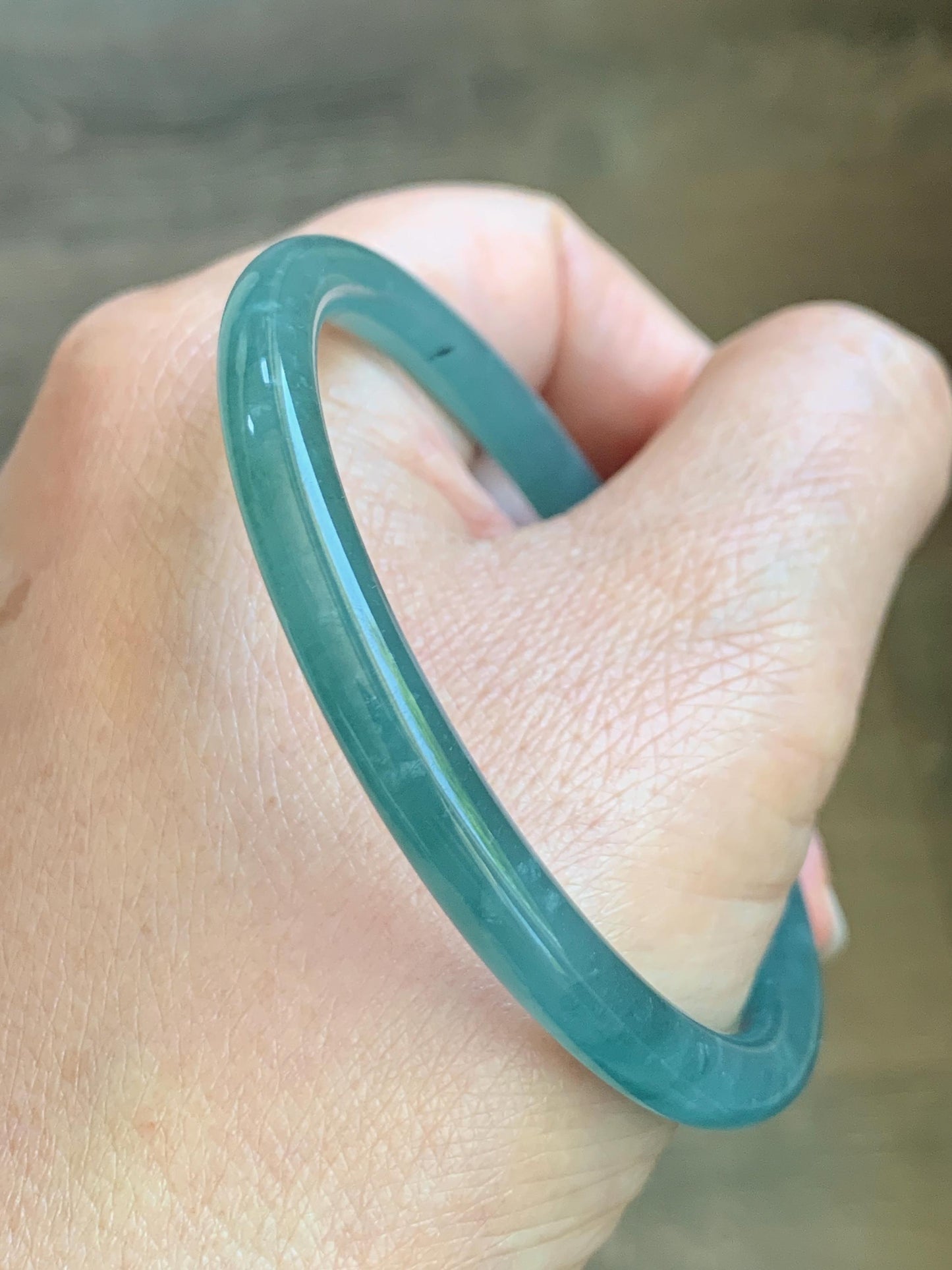 Certified Natural Grade A Guatemalan Icy Translucent Dusty Teal Blue Jade Jadeite Slim Bangle 55.94mm 6.92” 19.4g 天然冰胶危蓝绿翡翠细圆条手镯 1177