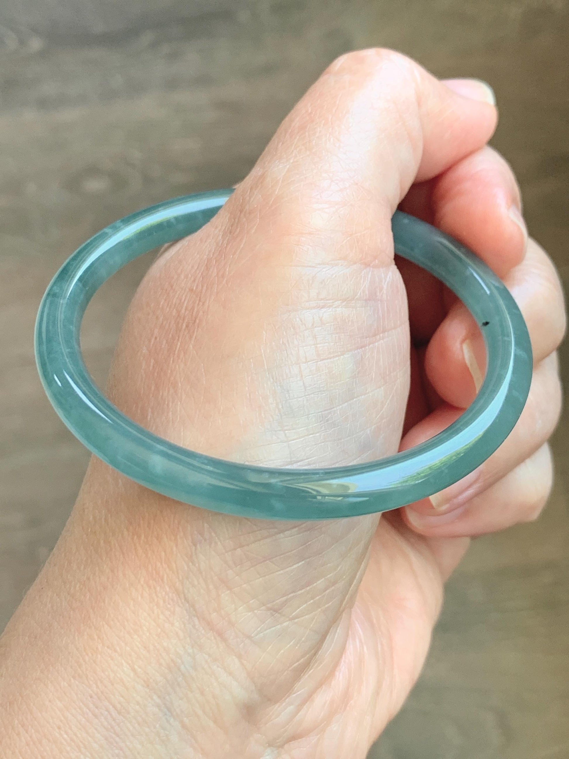 Certified Natural Grade A Guatemalan Icy Translucent Dusty Teal Blue Jade Jadeite Slim Bangle 55.94mm 6.92” 19.4g 天然冰胶危蓝绿翡翠细圆条手镯 1177