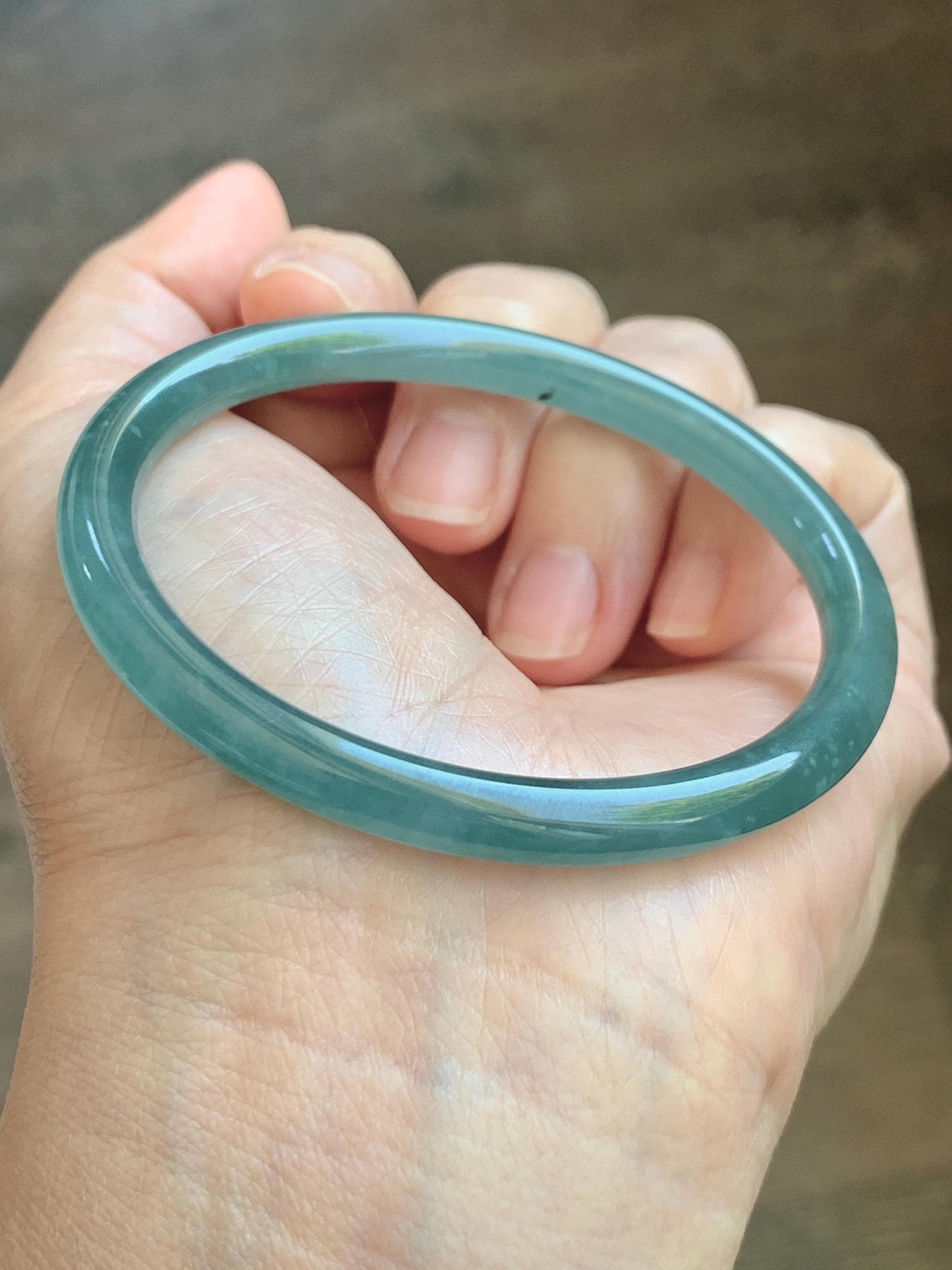 Certified Natural Grade A Guatemalan Icy Translucent Dusty Teal Blue Jade Jadeite Slim Bangle 55.94mm 6.92” 19.4g 天然冰胶危蓝绿翡翠细圆条手镯 1177
