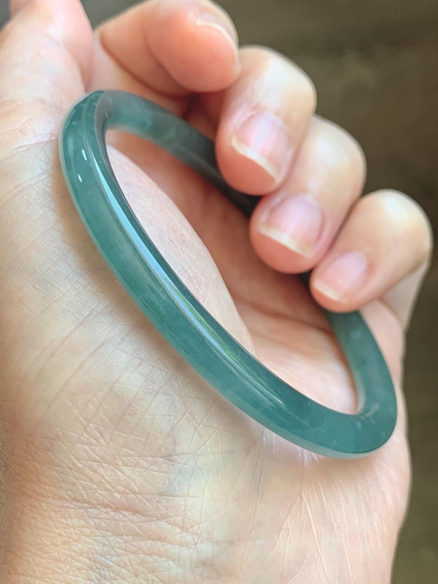 Certified Natural Grade A Guatemalan Icy Translucent Dusty Teal Blue Jade Jadeite Slim Bangle 55.94mm 6.92” 19.4g 天然冰胶危蓝绿翡翠细圆条手镯 1177