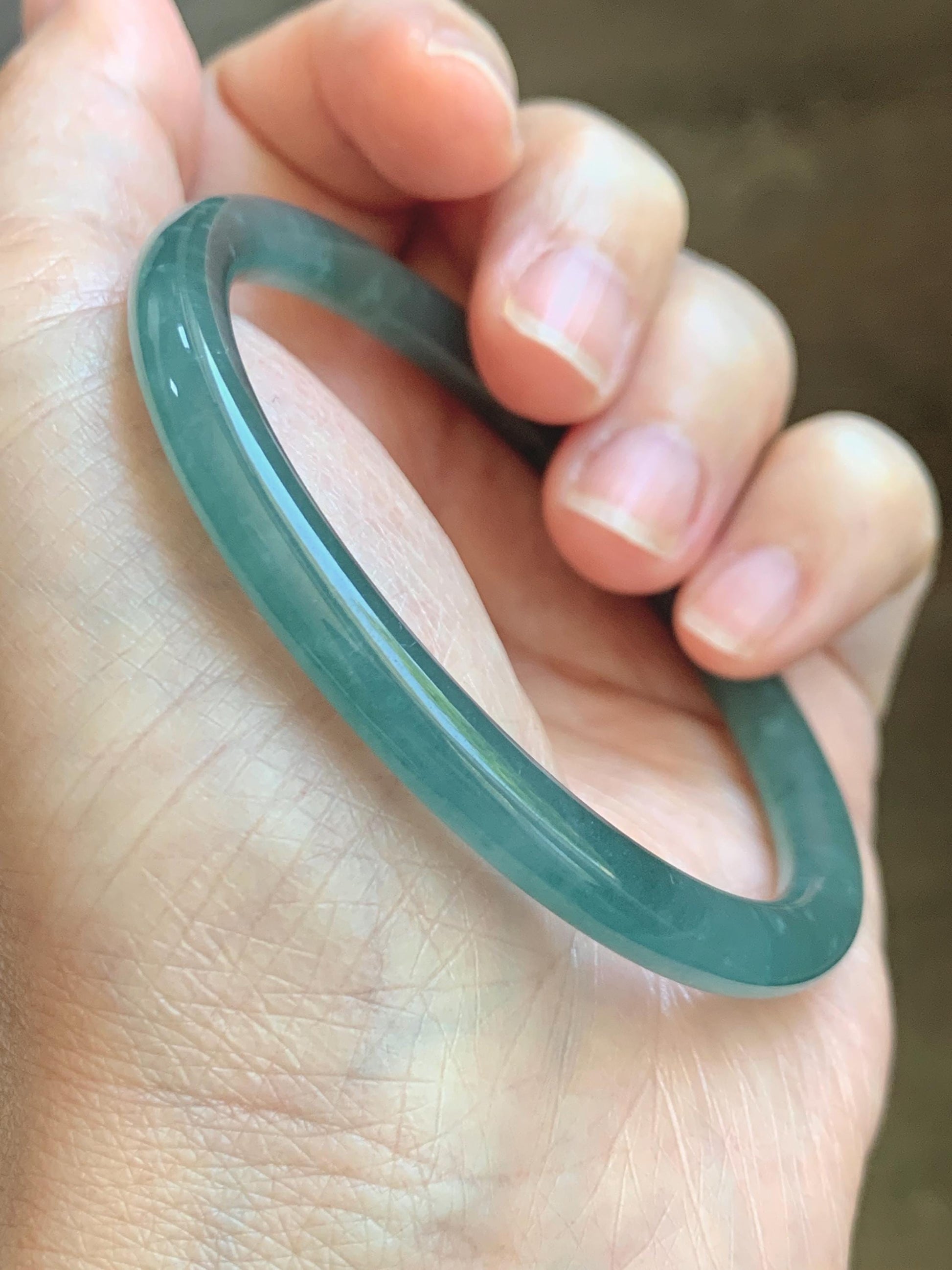 Certified Natural Grade A Guatemalan Icy Translucent Dusty Teal Blue Jade Jadeite Slim Bangle 55.94mm 6.92” 19.4g 天然冰胶危蓝绿翡翠细圆条手镯 1177