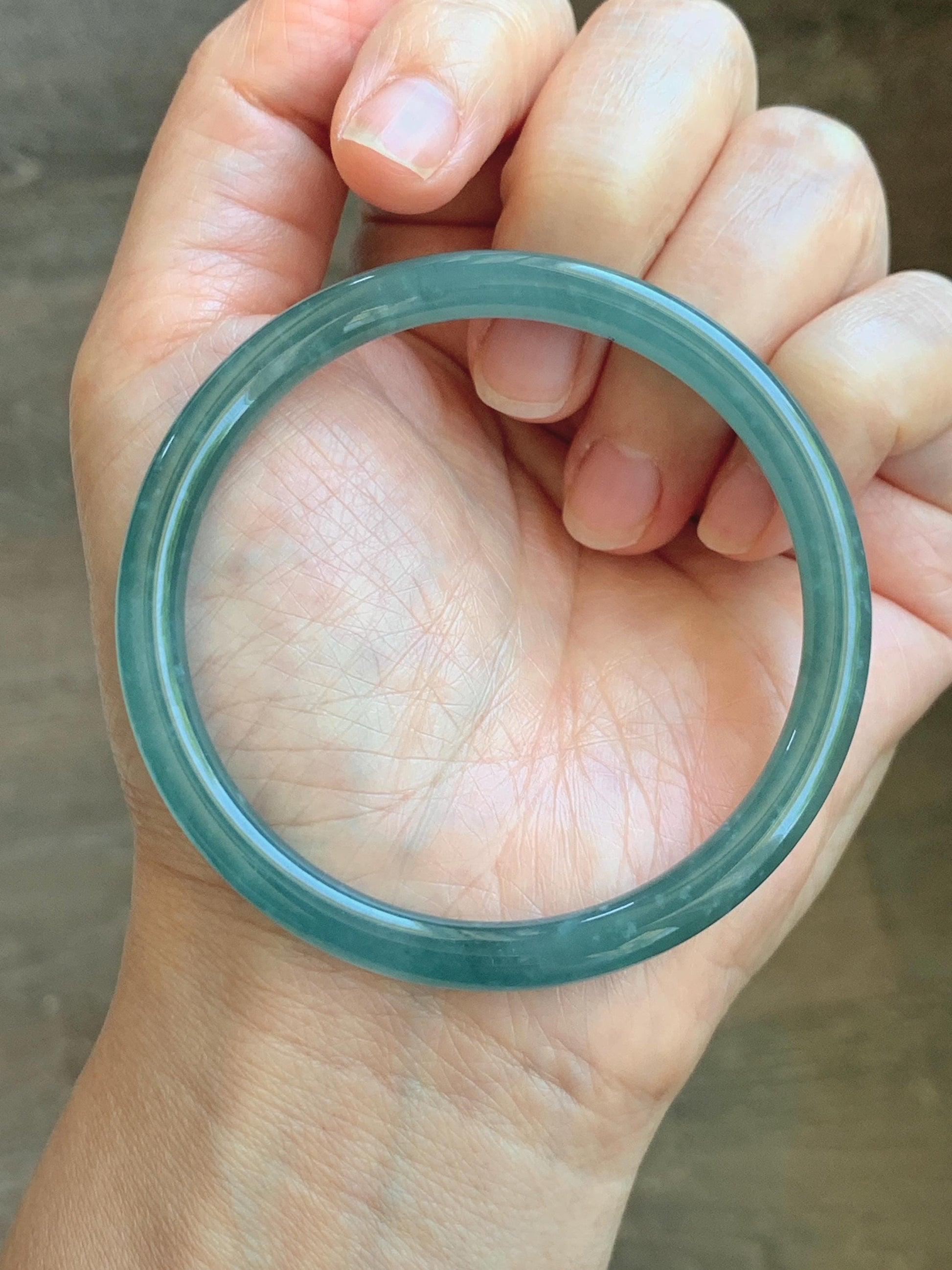 Certified Natural Grade A Guatemalan Icy Translucent Dusty Teal Blue Jade Jadeite Slim Bangle 55.94mm 6.92” 19.4g 天然冰胶危蓝绿翡翠细圆条手镯 1177