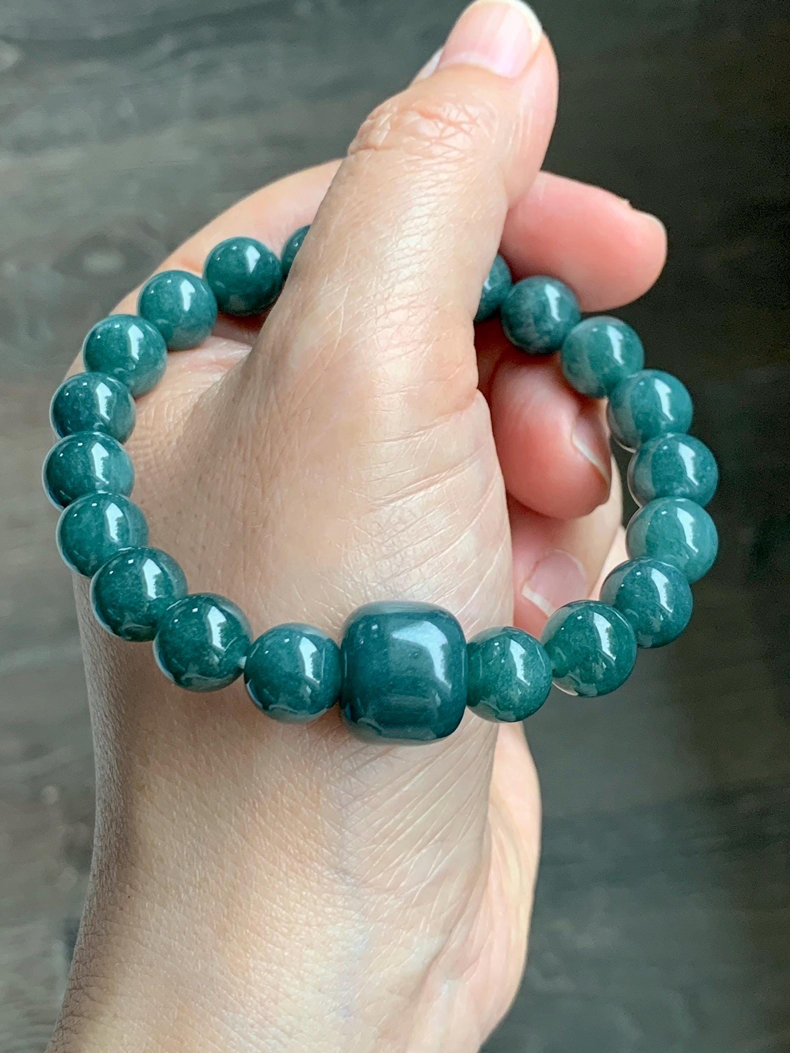 Natural Grade A Guatemalan Translucent Dark Teal Jade Jadeite Beaded Bracelet Stretchy 9.7mm 7.75” 36g 天然危糯种深蓝绿翡翠圆珠手串 WSHL150