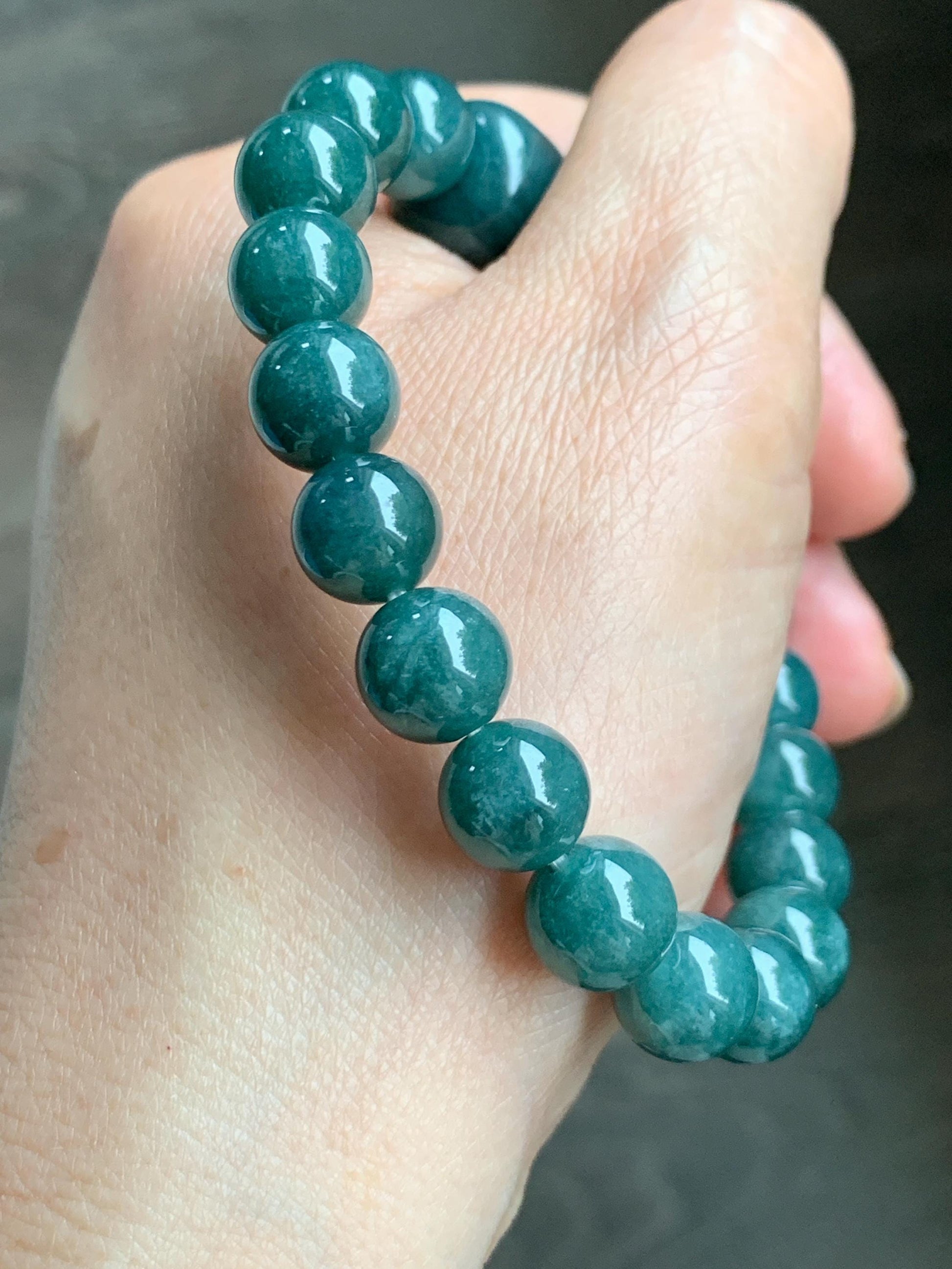 Natural Grade A Guatemalan Translucent Dark Teal Jade Jadeite Beaded Bracelet Stretchy 9.7mm 7.75” 36g 天然危糯种深蓝绿翡翠圆珠手串 WSHL150