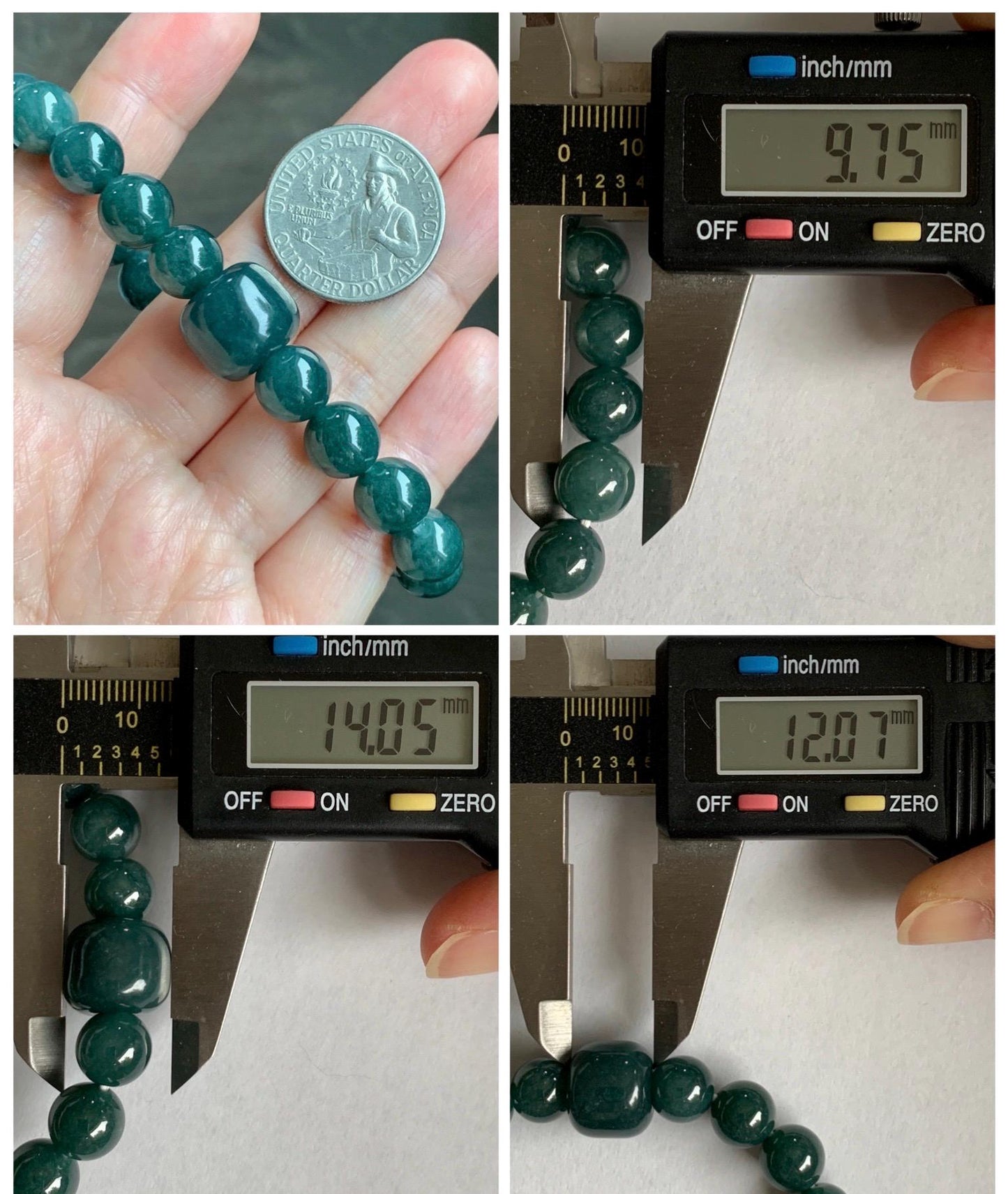 Natural Grade A Guatemalan Translucent Dark Teal Jade Jadeite Beaded Bracelet Stretchy 9.7mm 7.75” 36g 天然危糯种深蓝绿翡翠圆珠手串 WSHL150