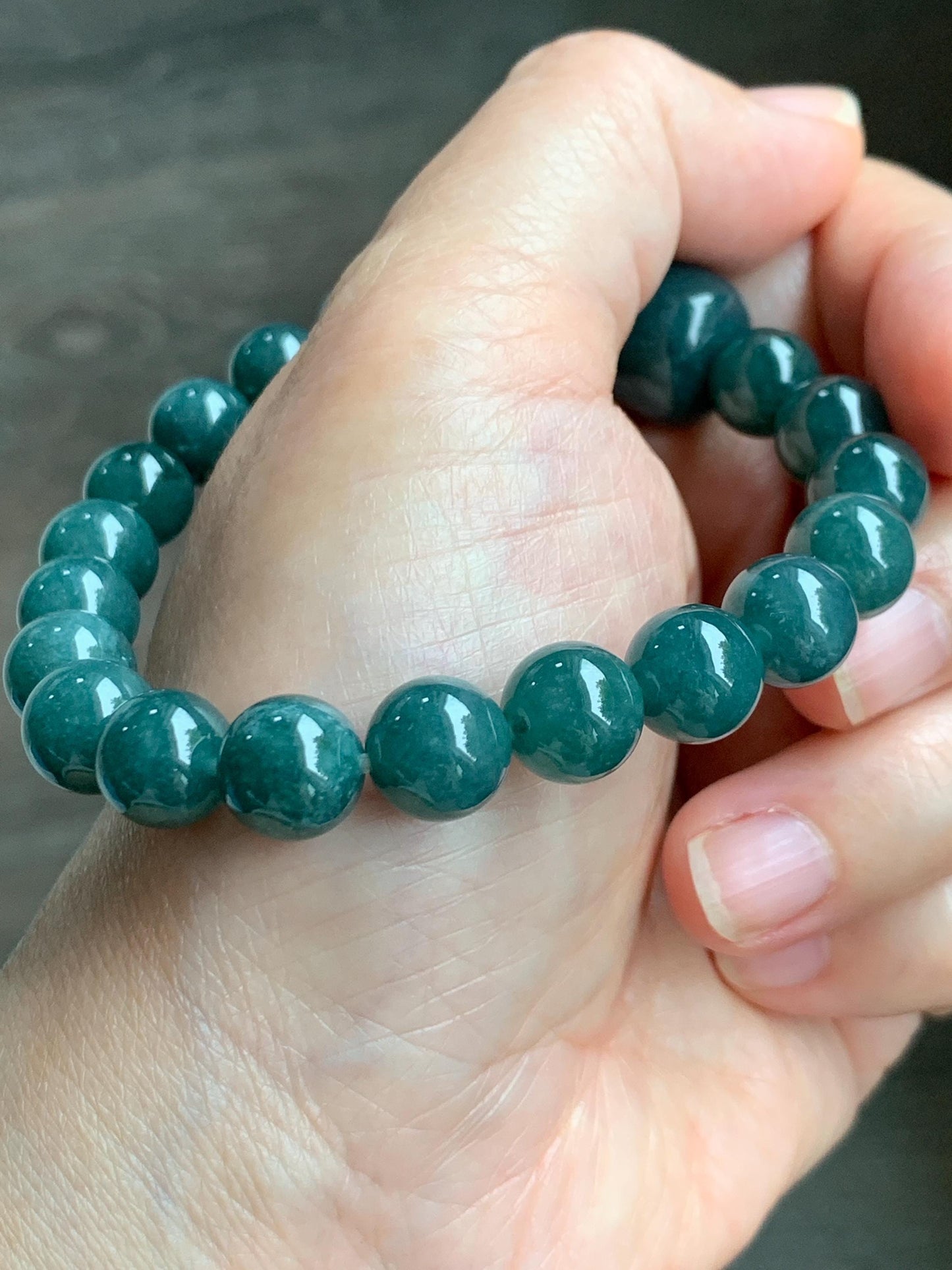 Natural Grade A Guatemalan Translucent Dark Teal Jade Jadeite Beaded Bracelet Stretchy 9.7mm 7.75” 36g 天然危糯种深蓝绿翡翠圆珠手串 WSHL150