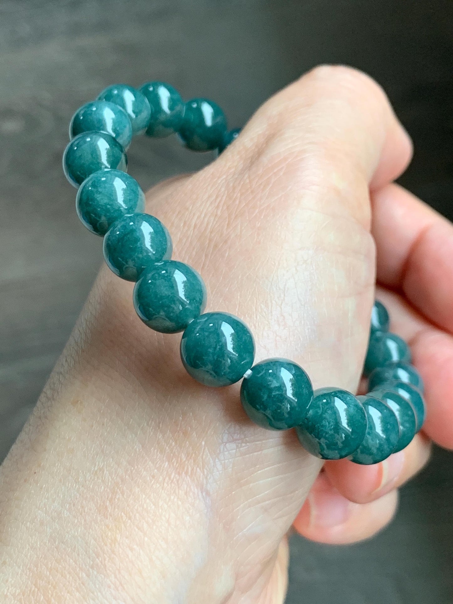 Natural Grade A Guatemalan Translucent Dark Teal Jade Jadeite Beaded Bracelet Stretchy 9.7mm 7.75” 36g 天然危糯种深蓝绿翡翠圆珠手串 WSHL150