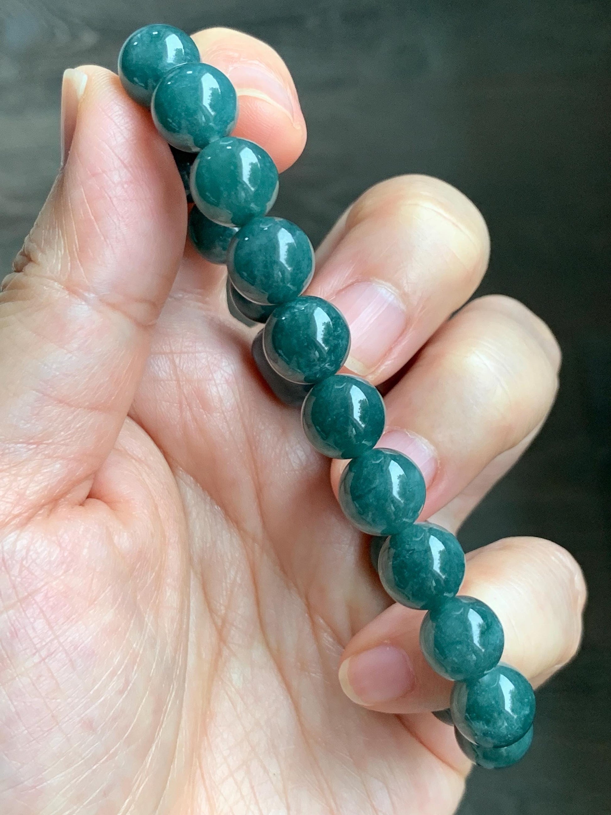 Natural Grade A Guatemalan Translucent Dark Teal Jade Jadeite Beaded Bracelet Stretchy 9.7mm 7.75” 36g 天然危糯种深蓝绿翡翠圆珠手串 WSHL150