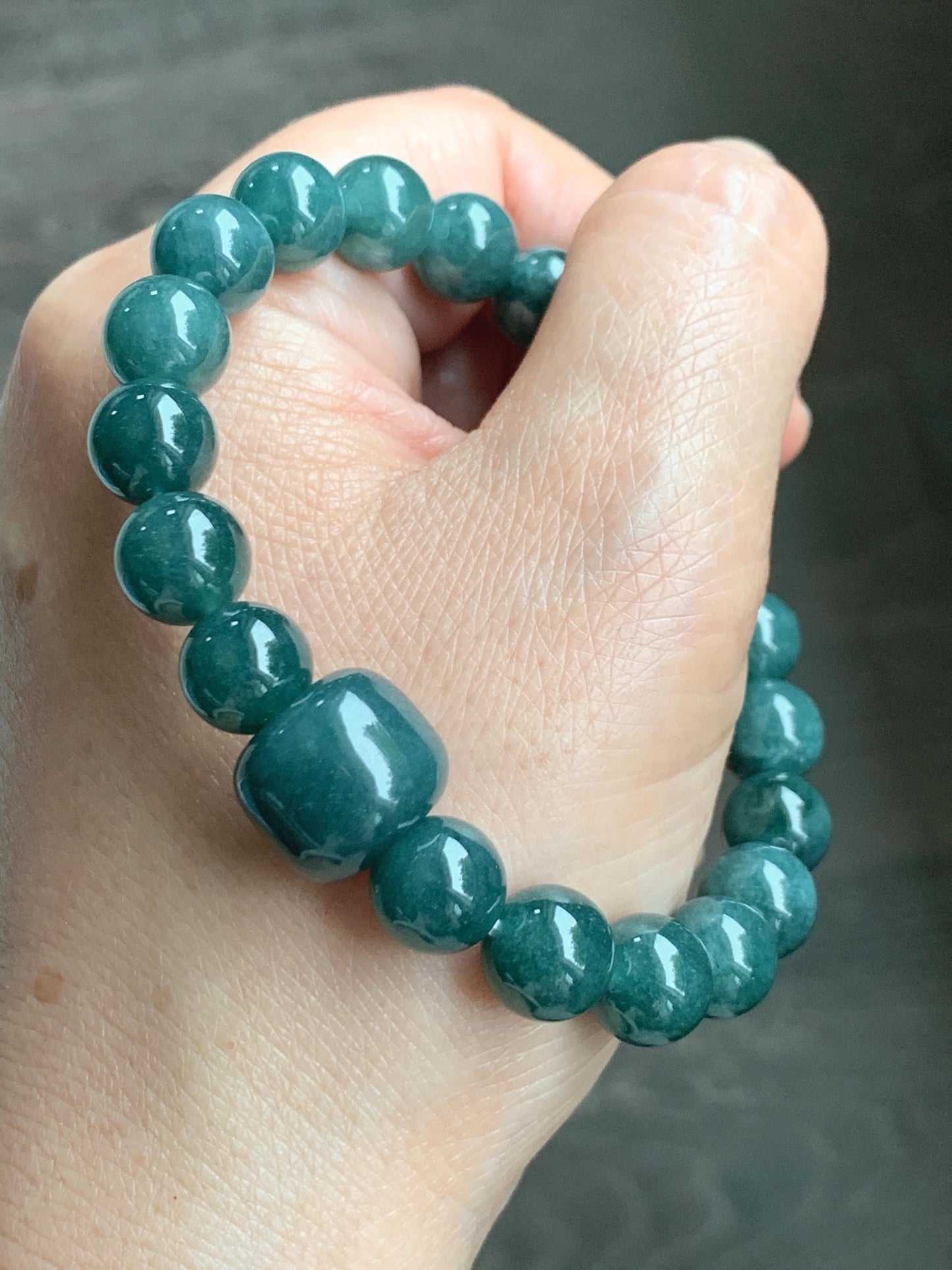 Natural Grade A Guatemalan Translucent Dark Teal Jade Jadeite Beaded Bracelet Stretchy 9.7mm 7.75” 36g 天然危糯种深蓝绿翡翠圆珠手串 WSHL150