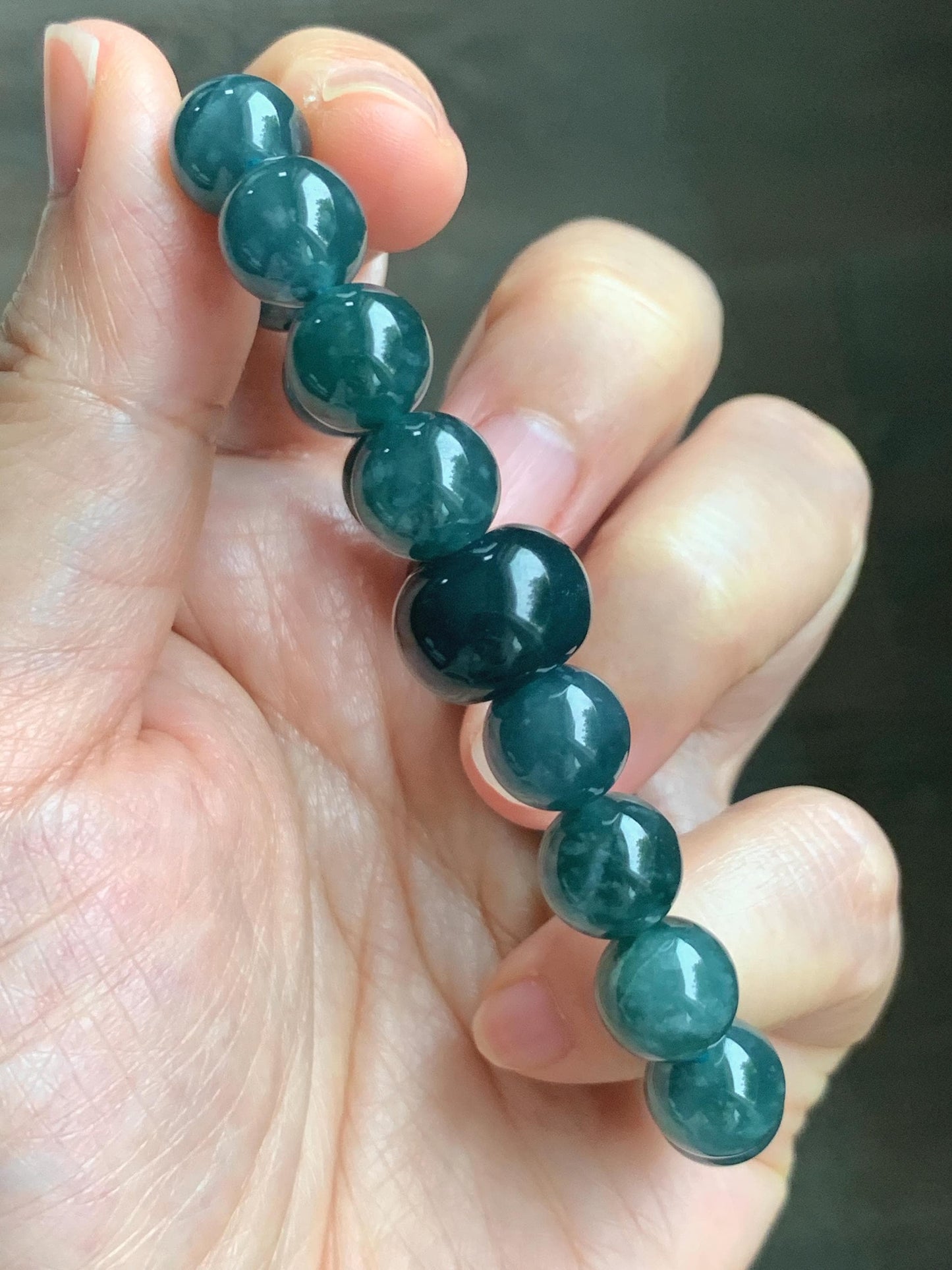 Natural Grade A Guatemalan Icy Translucent Dark Teal Blue Jade Jadeite Beaded Bracelet Stretchy 9.9mm 6.75” 34g 天然冰危深蓝绿翡翠圆珠手串 WSHB150
