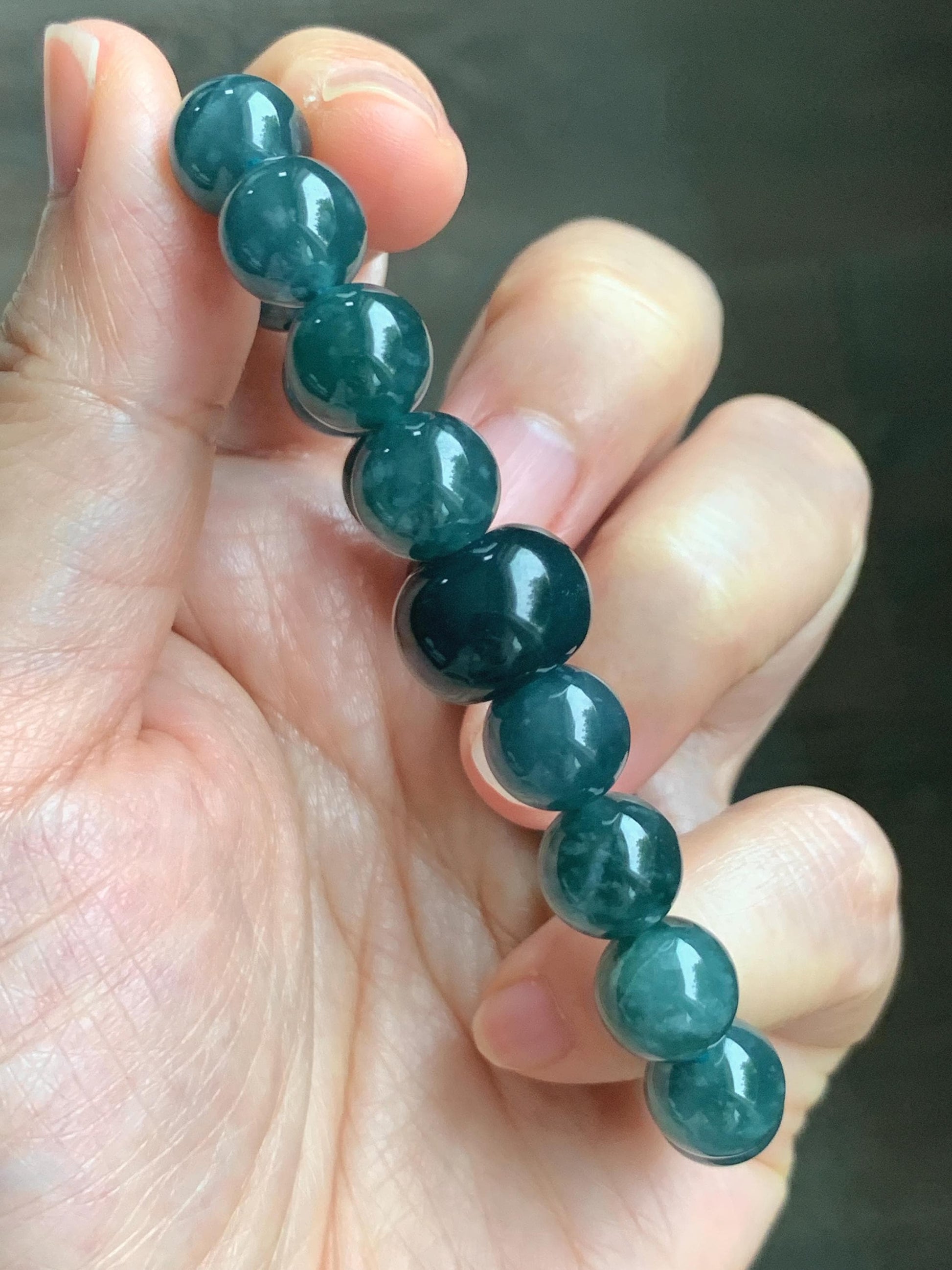 Natural Grade A Guatemalan Icy Translucent Dark Teal Blue Jade Jadeite Beaded Bracelet Stretchy 9.9mm 6.75” 34g 天然冰危深蓝绿翡翠圆珠手串 WSHB150