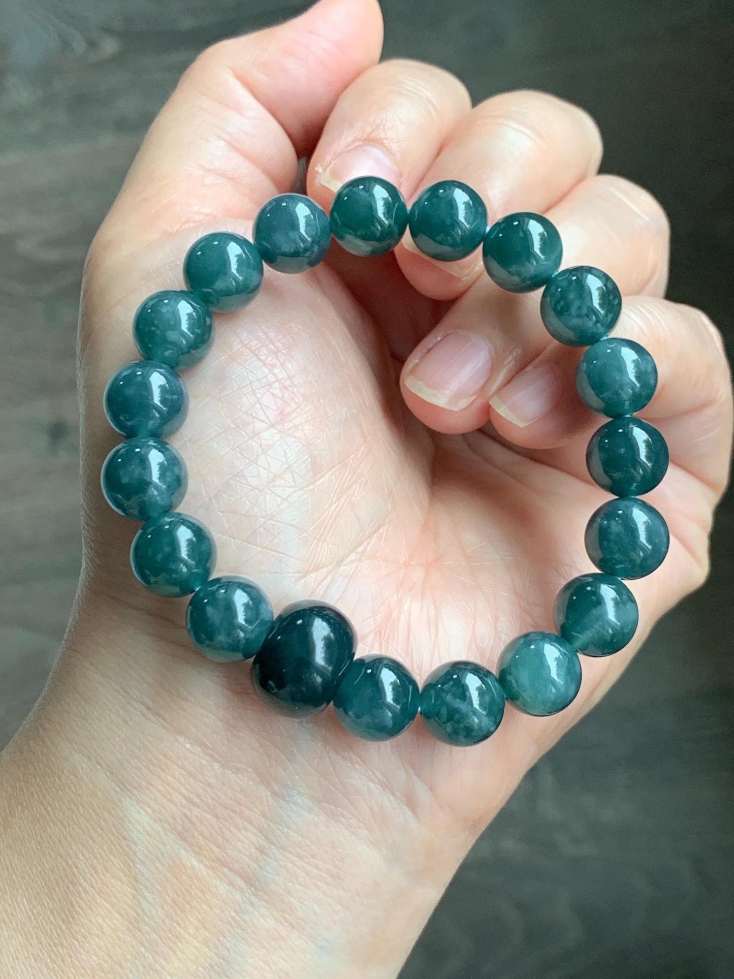 Natural Grade A Guatemalan Icy Translucent Dark Teal Blue Jade Jadeite Beaded Bracelet Stretchy 9.9mm 6.75” 34g 天然冰危深蓝绿翡翠圆珠手串 WSHB150